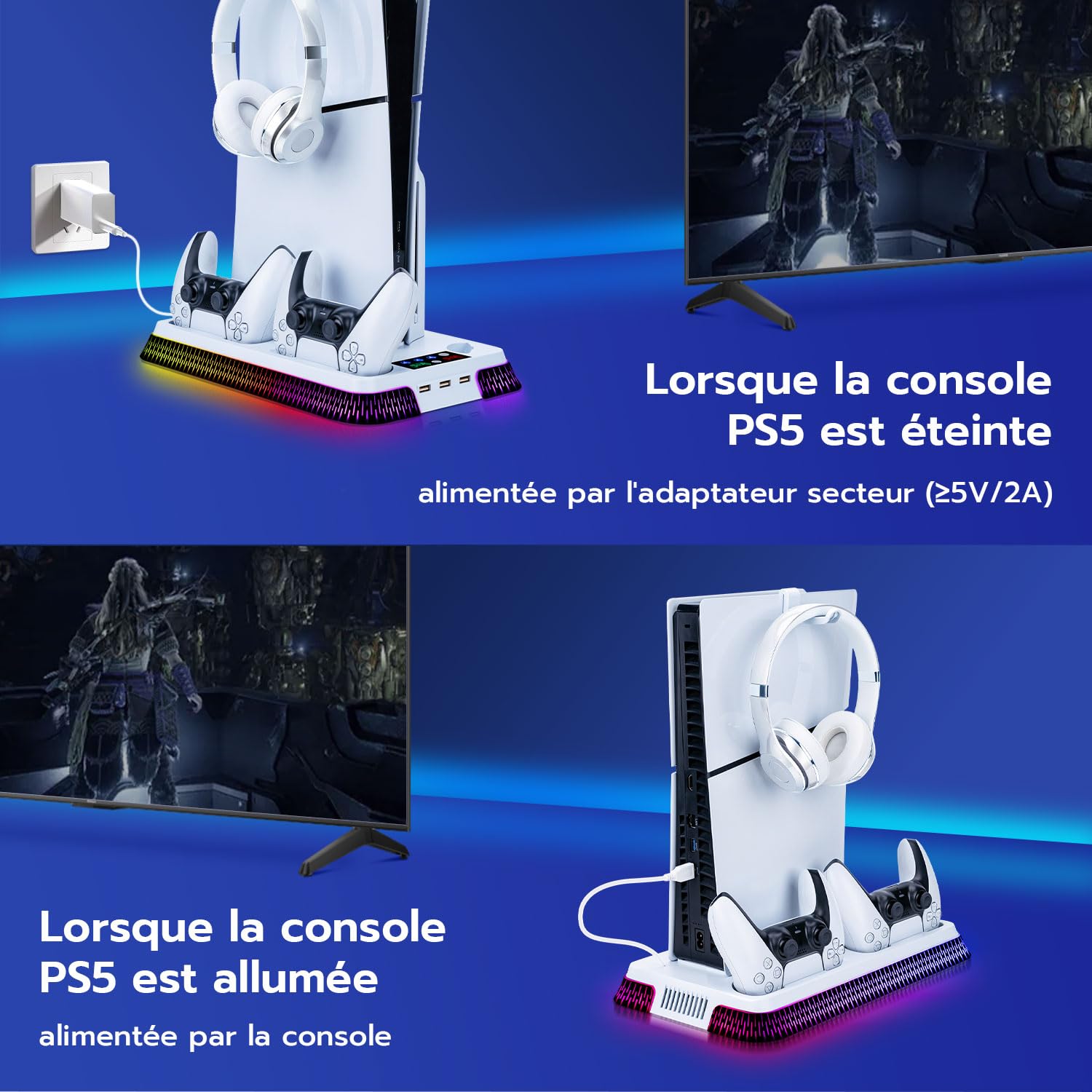 Wigearss PS5/PS5 Slim/PS5 Pro Ventilateur Station de Refroidissement, Support de Charge Vertical avec Chargeur Double pour Manettes, Lumière LED et 3 Hubs USB
