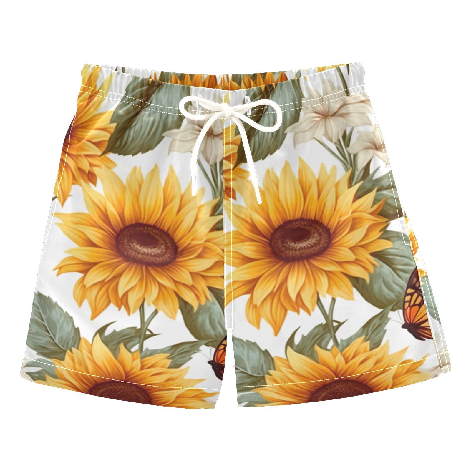 FLildon Vivid Sunflower and Butterfly Little Boys Swim Trunks with Mesh Lining Quick Dry Beach Board Shorts, 3T