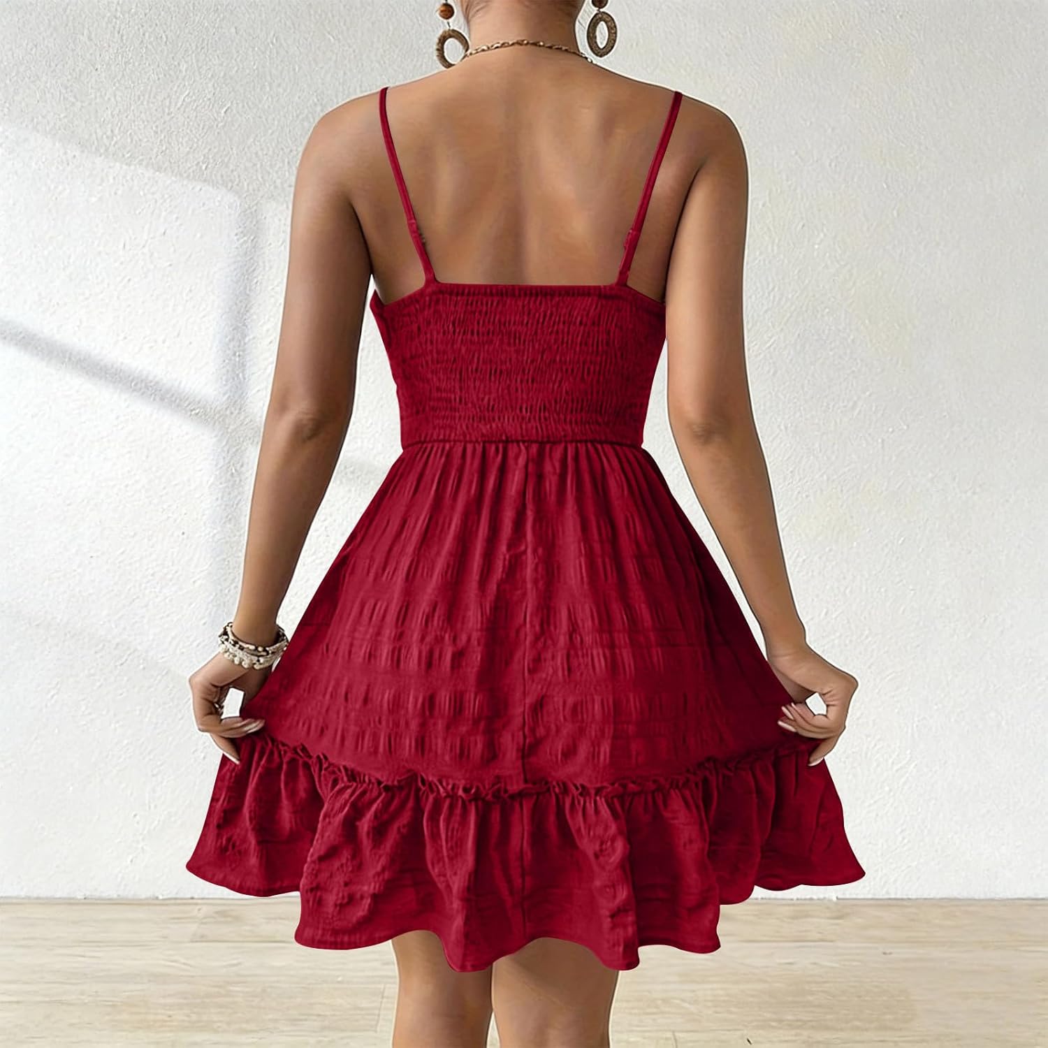 Women's Spaghetti Strap Mini Dress Drawstring Smock Cami Mini Dresses Boho Vacation A Line Swing Short Dresses