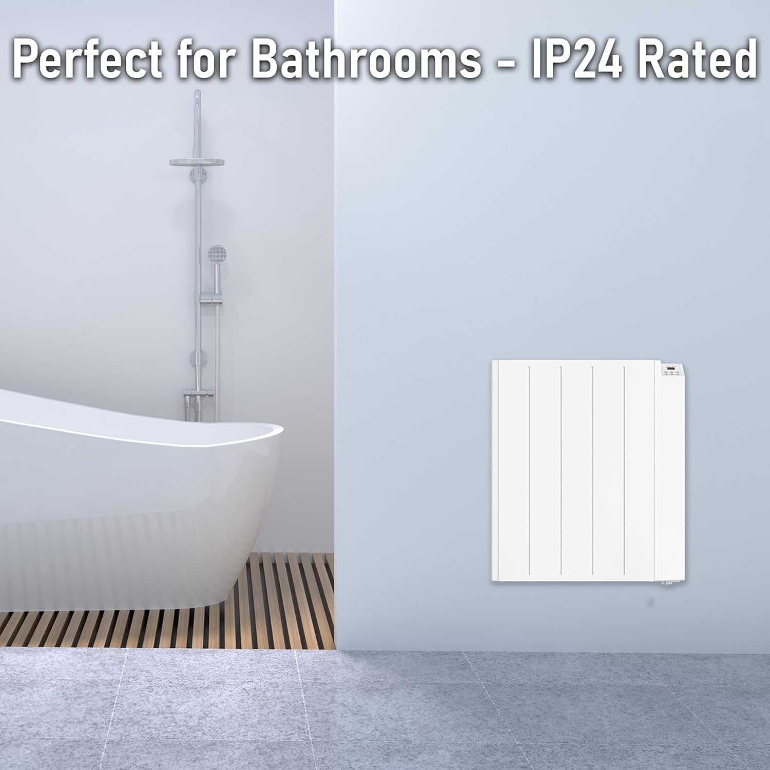 MYLEK Panel Heater installed in a modern bathroom, highlighting its IP24 rating.