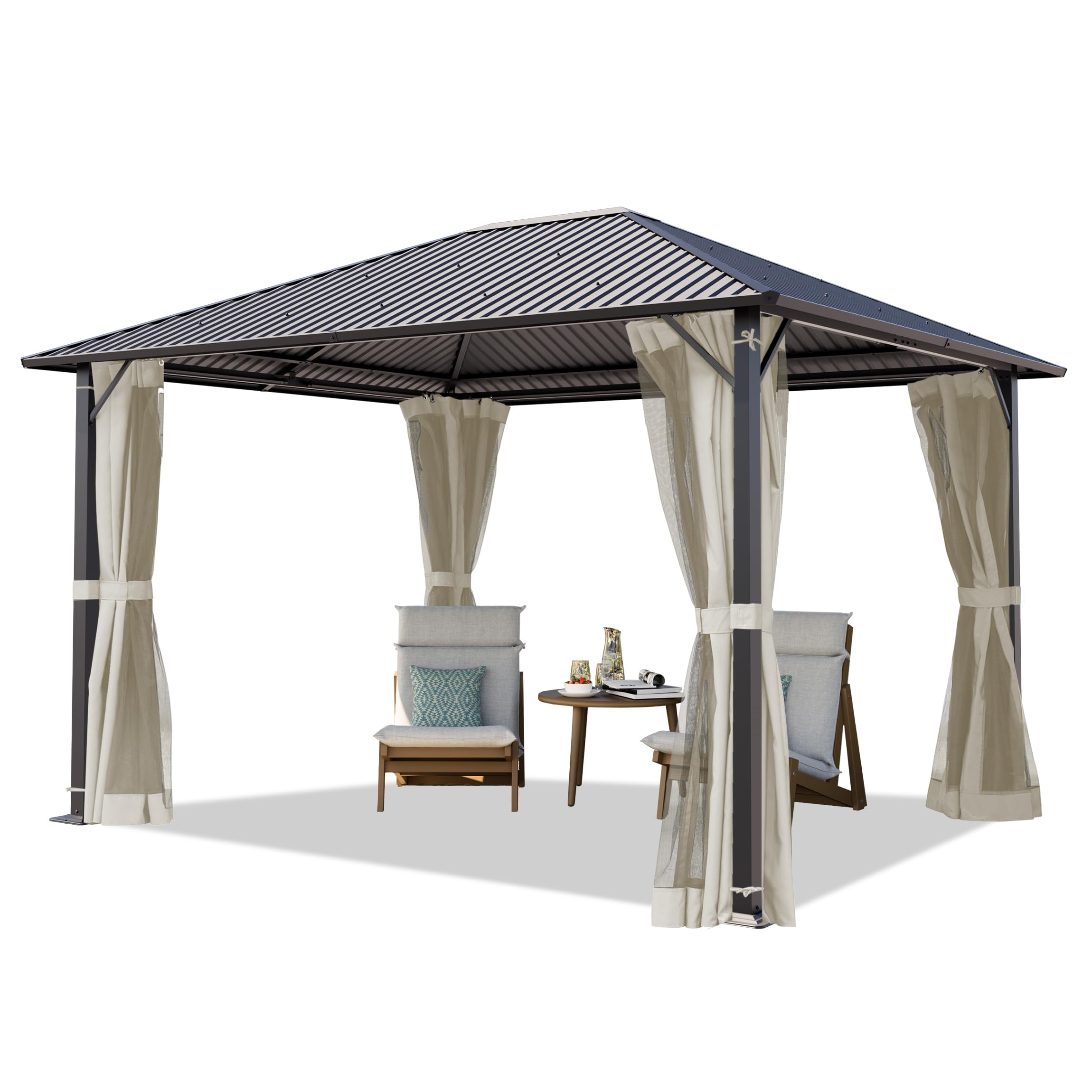 Outsunny Gazebo da Giardino 3x3.6m con Zanzariera e Tetto in Policarbonato, Struttura in Alluminio, Marrone, Beige, Nero|Aosom