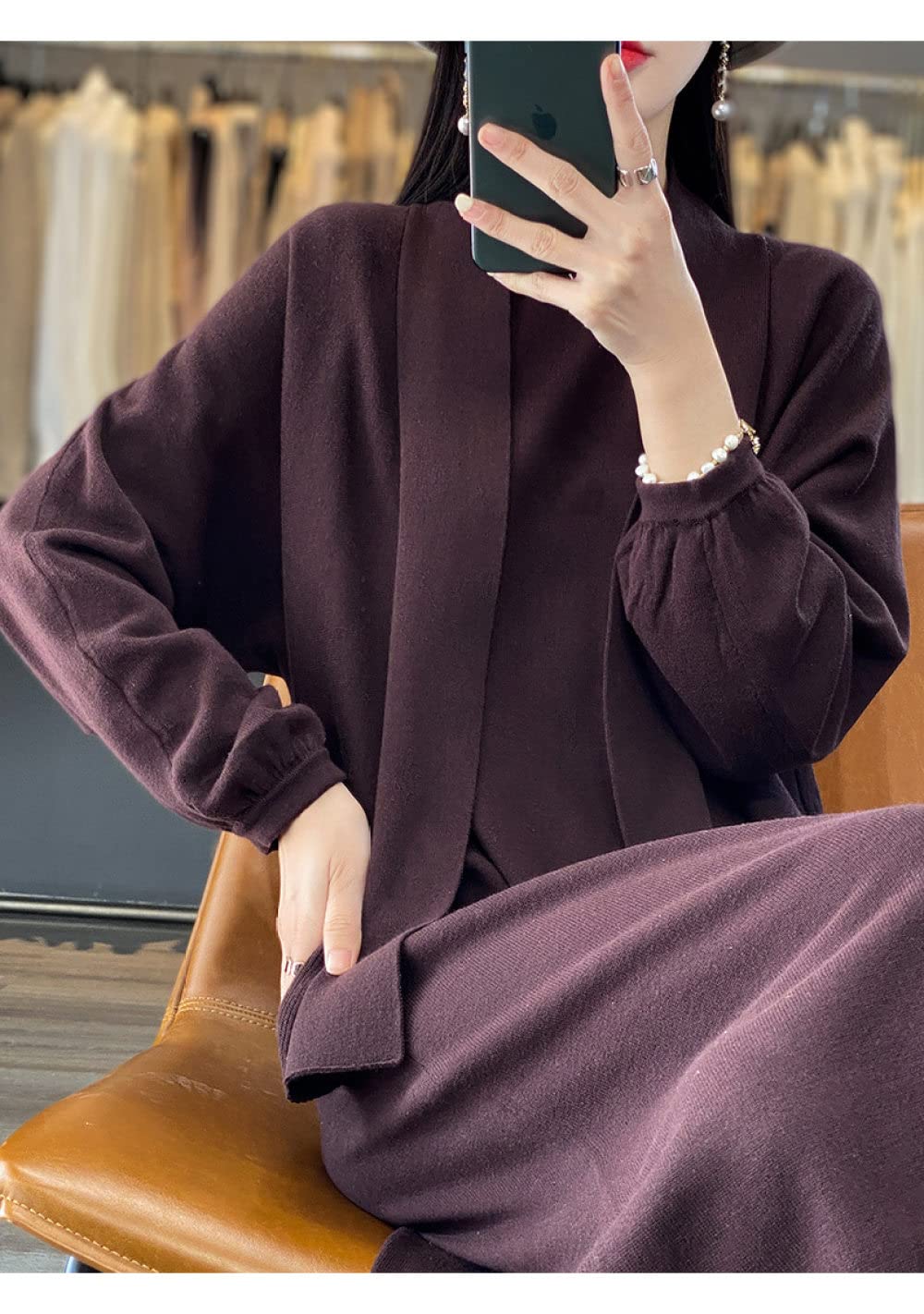 Cárdigan de Mujer Cárdigan de Punto de Algodón para Mujer Abrigo Suéter Liso Color Café Cárdigan Largo de Manga Farol Cárdigan Abierto por Delante Chaqueta de Punto Suelta de Primavera para Uso Diari