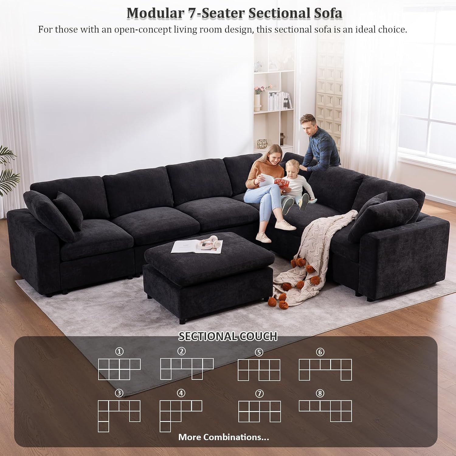 Oversized Modular Sectional Sofa Couch, Large 7 Seater Corner Sofa Modern U Shaped Sectional Couch with Ottoman Cloud Couches for Living Room, Office, Spacious Space, Black thumbnail