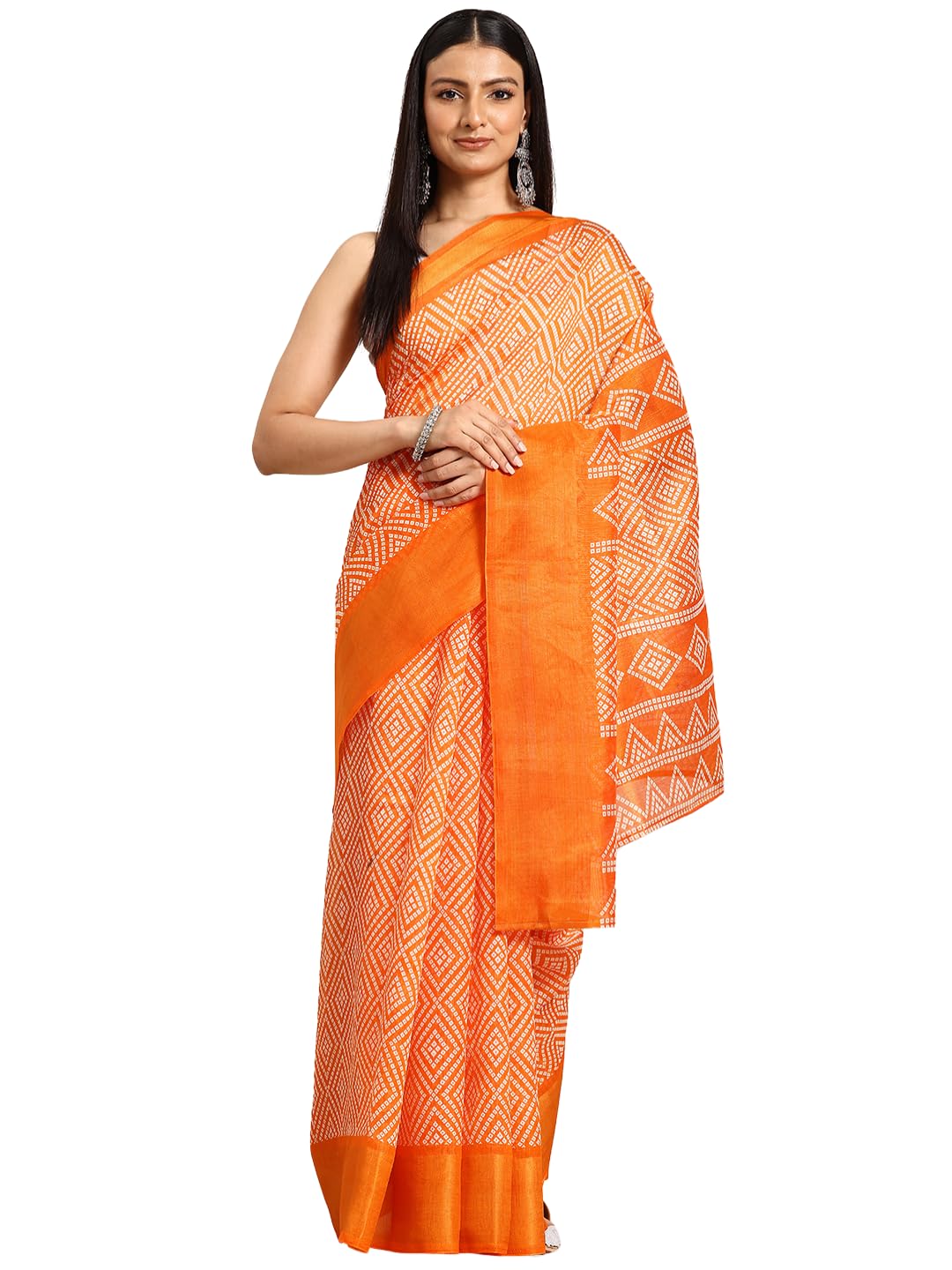 Shiv Textiles Poly Cotton Bandhani Floral Print Saree For Women With Unstitched Blouse (St-10551-Orange)
