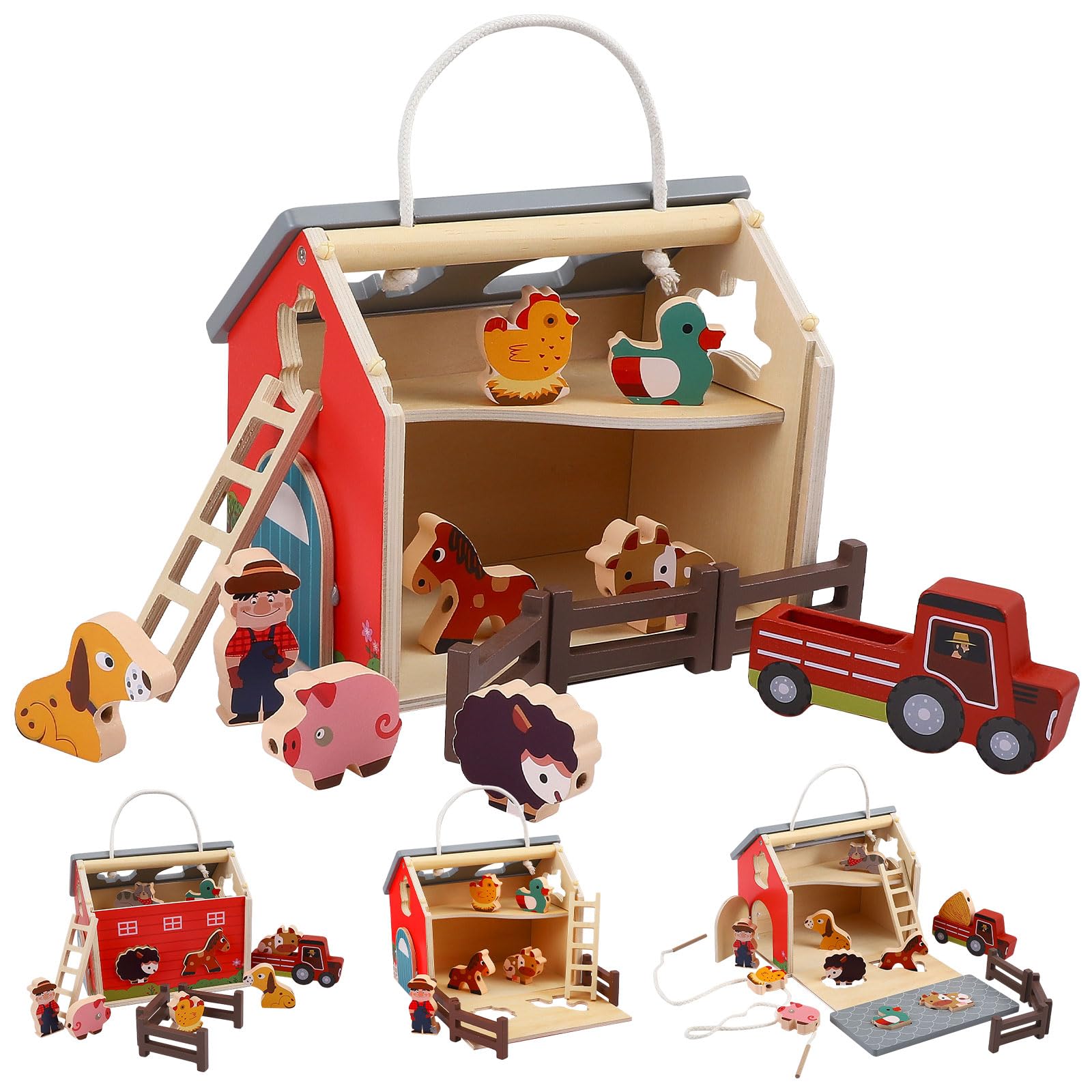 Farm Animal Toys with Portable Large Wooden Barn, Stable and horse gift for boy or girl, 10 PCS Farm Animal Figurines for Boys, Girls, Animal Lovers, Gift for Kids Toddlers, Improve Fine Motor Skills