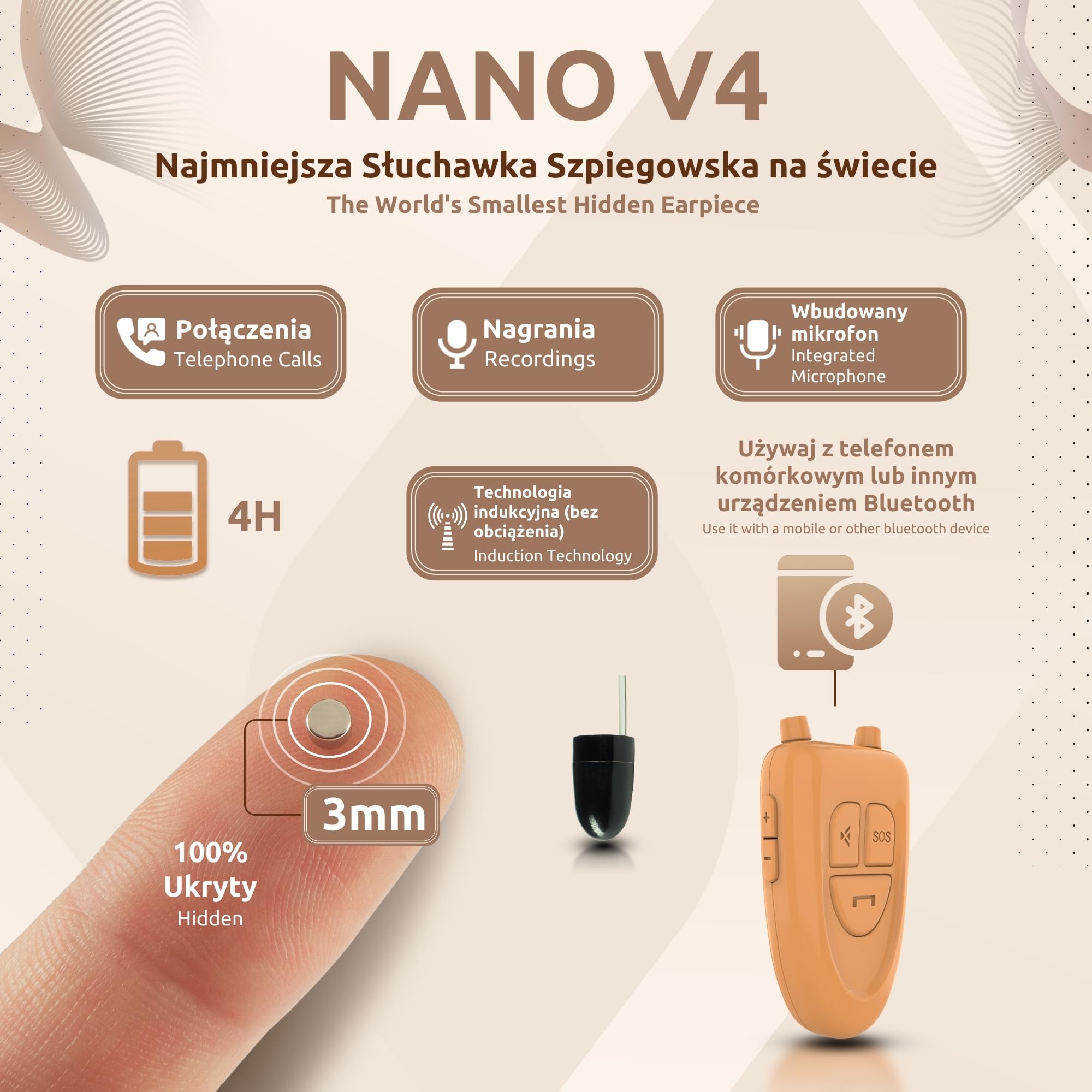 PingaOculto Słuchawka Szpiegowska Bluetooth Egzamin Ukryte Nano Mini Niewidoczne Mikrofonem - Słuchawki Szpiegowskie Bezprzewodowy Mikrosłuchawka (Słuchawka Szpiegowska Nano V4 + Vip Pro UltraMini)