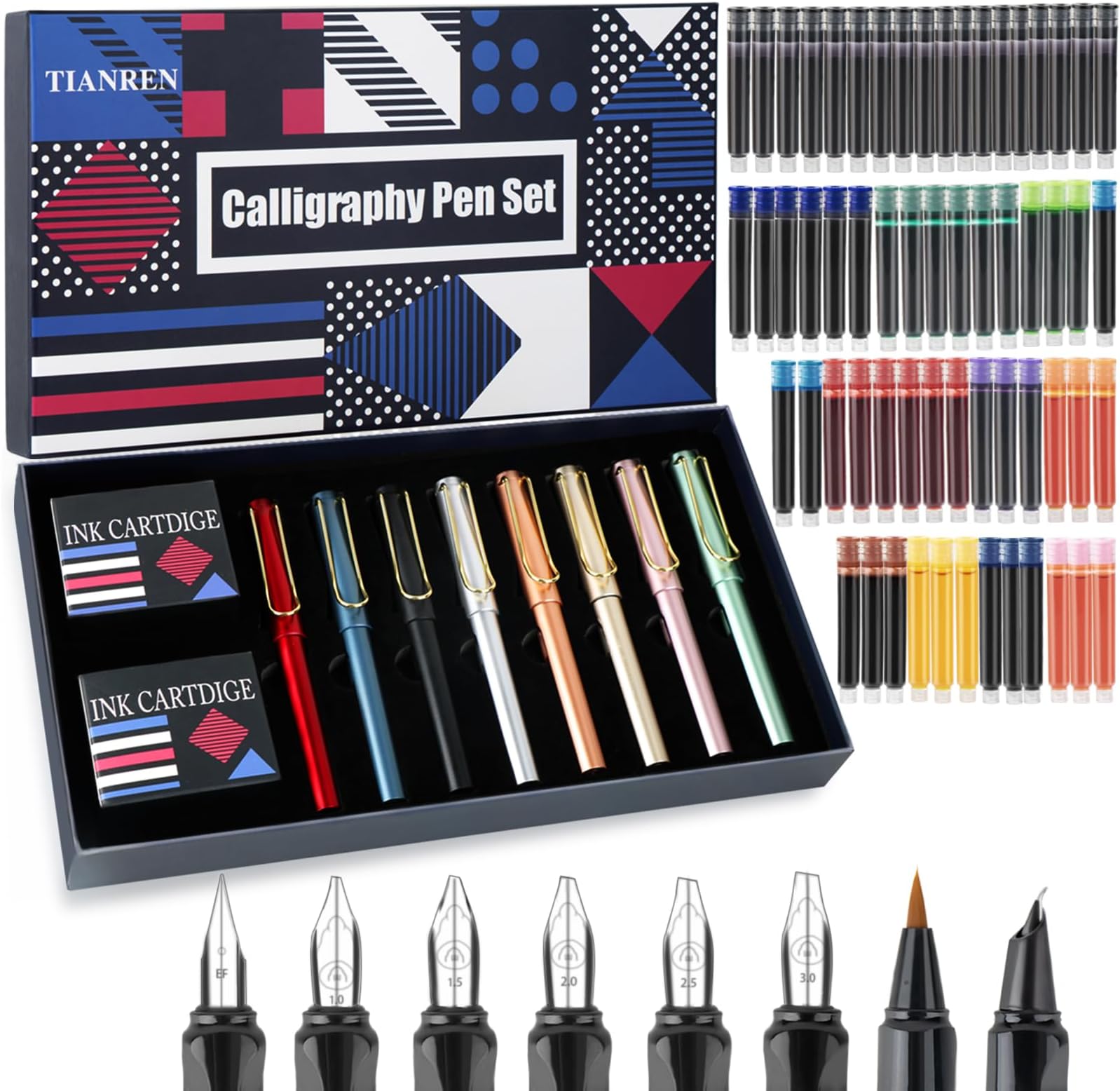 Calligraphy Pen set,Fountain Pens with 8 Different Replaceable Nibs with 60 Ink Cartridges(12 Colors),Calligraphy set for Beginner Writing Drawing.
