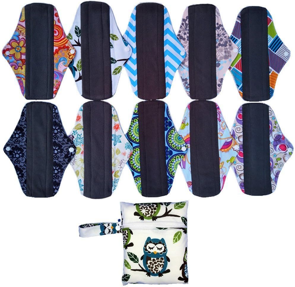 10 Pieces 8 Inch Light Charcoal Bamboo Mama Cloth/ Menstrual Pads/ Reusable Sanitary Pads Panty liner+1 Wet Bag