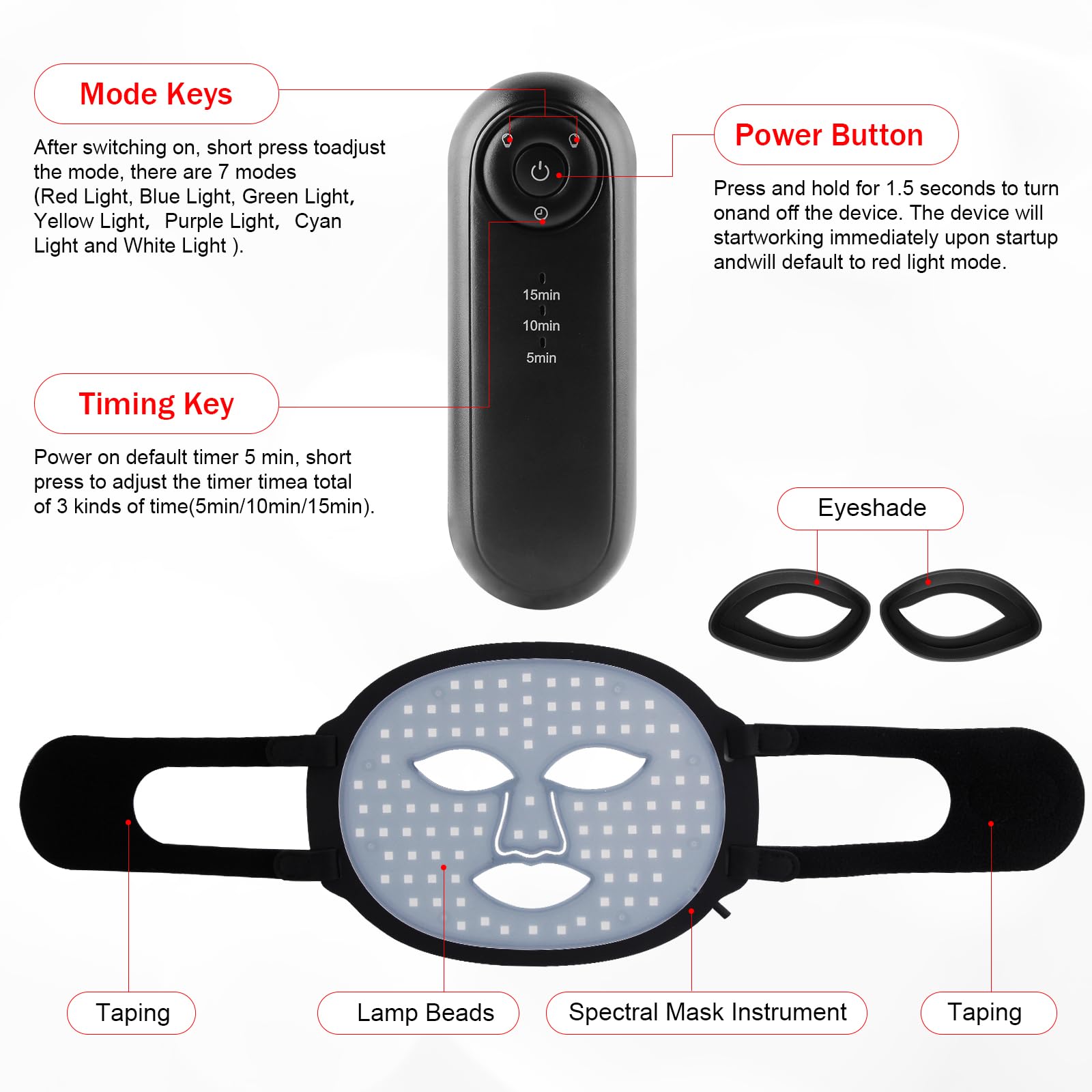 LED Maske Gesicht, 7 Farben Lichttherapie Gesichtsmaske | Rotlichtlampe Maske Gesicht, Gesichtsschönheit, Anti-Aging, Faltenreduzierung, Hautpflege Red Light Therapy Face Mask Schwarz