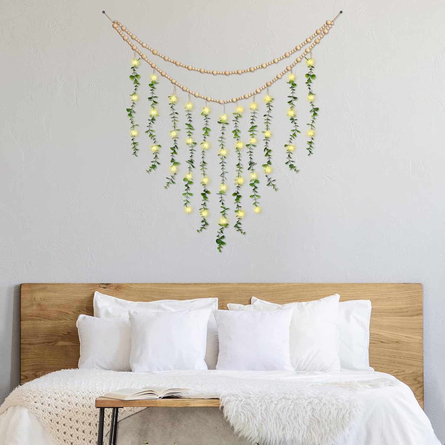 Hanging Eucalyptus Boho Wall Decor Large Boho Bedroom Wall Hanging Wooden Bead Garland with 40 LED String Light Artificial Eucalyptus Natural Greenery Decor, 36 x 36 Inch (Simple Color, LED Style)