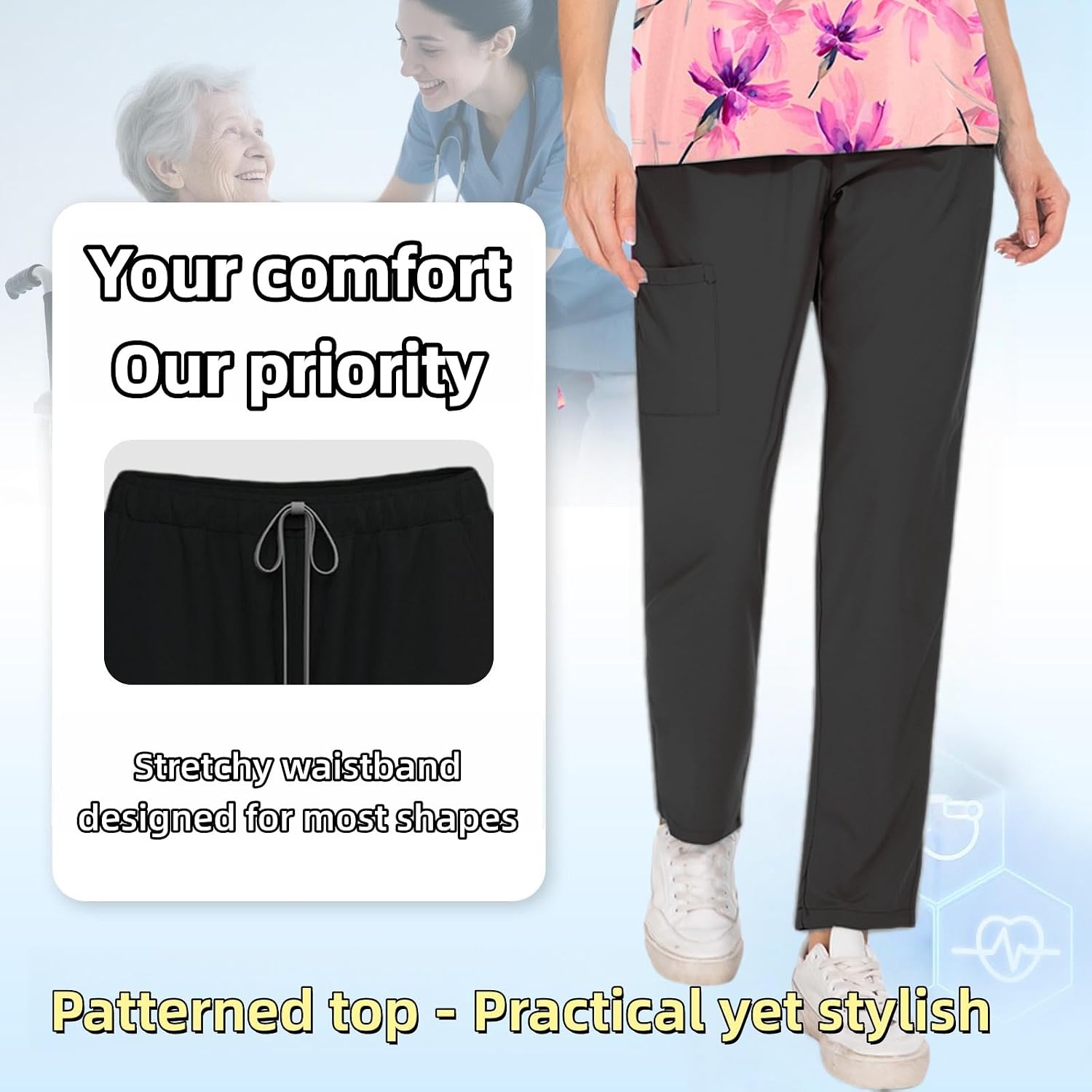 Medical Nursing Uniform Set Scrub Sets for Woman and Man with Pattern Used in Hospitals, clinics (Top+Jogger Pants)
