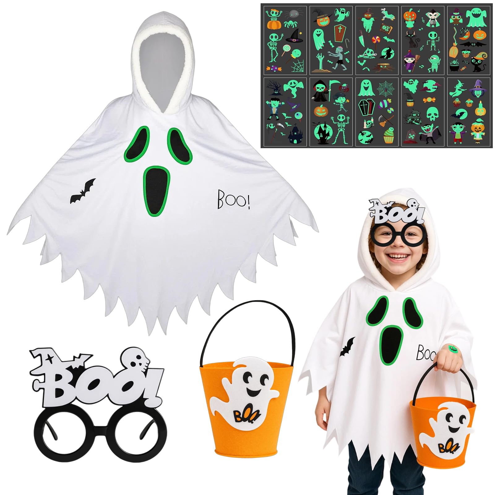 ZcrPrn Halloween Ghost Costume for Kids, 13-Piece Set Glow in Dark Hooded Poncho with Skeleton Glasses, Bucket and Tattoos, Trick-or-Treating Party Kids Halloween Costumes