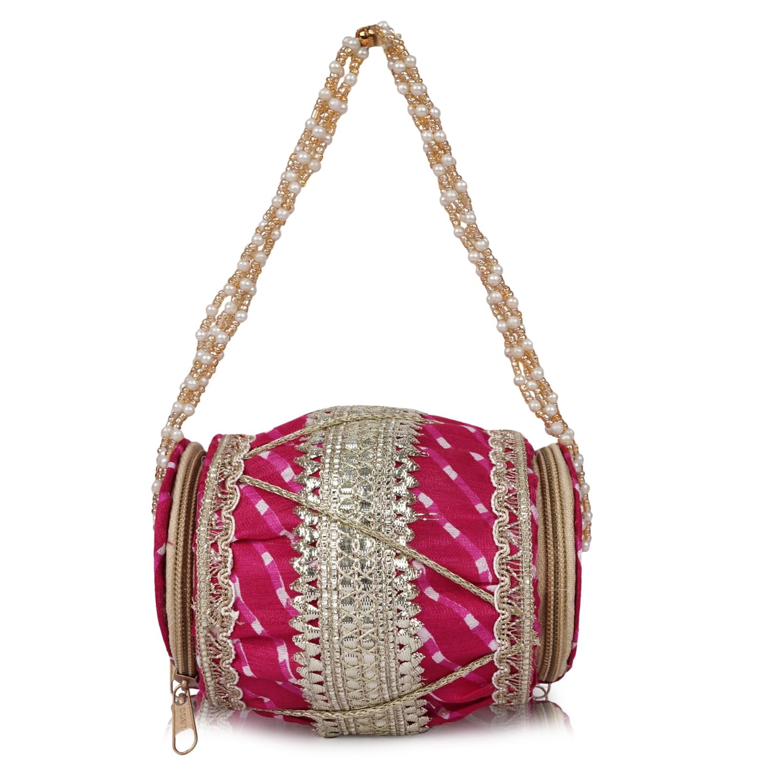Women's Traditional Potli Bag with Pearl Handle, Embroidered Ethnic Potli Purse for Wedding, Bridal, Party, Festive, Mehendi, Haldi, Sangeet, Wedding Return Gift & Ethnic Clutch Bag (Pink)-image-4