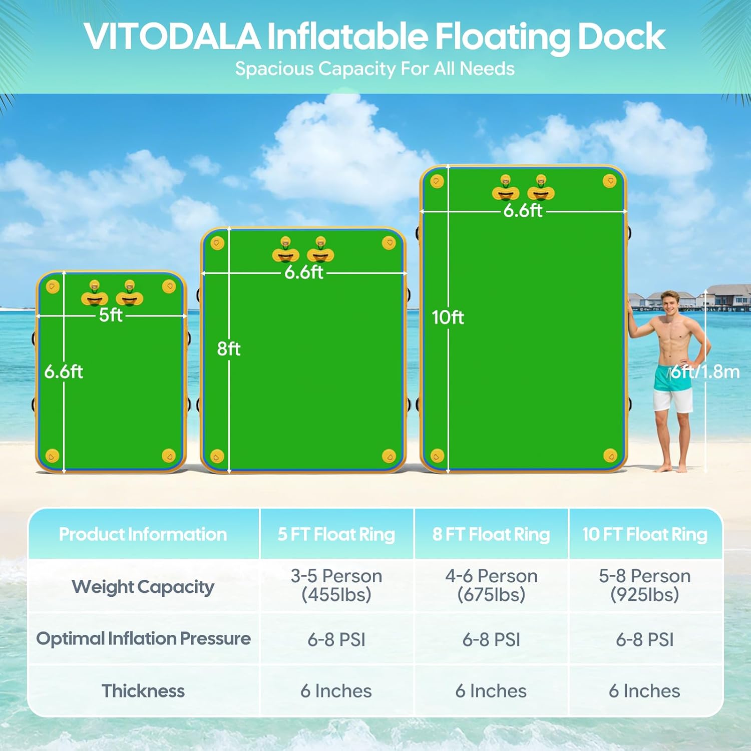 Inflatable Floating Dock, Water Island Float Raft Mat with Non-Slip Surface, 5FT/8FT/10FT Air Deck Platform, 6 Inch Thick for Pool, Lake, River, Beach, Ocean