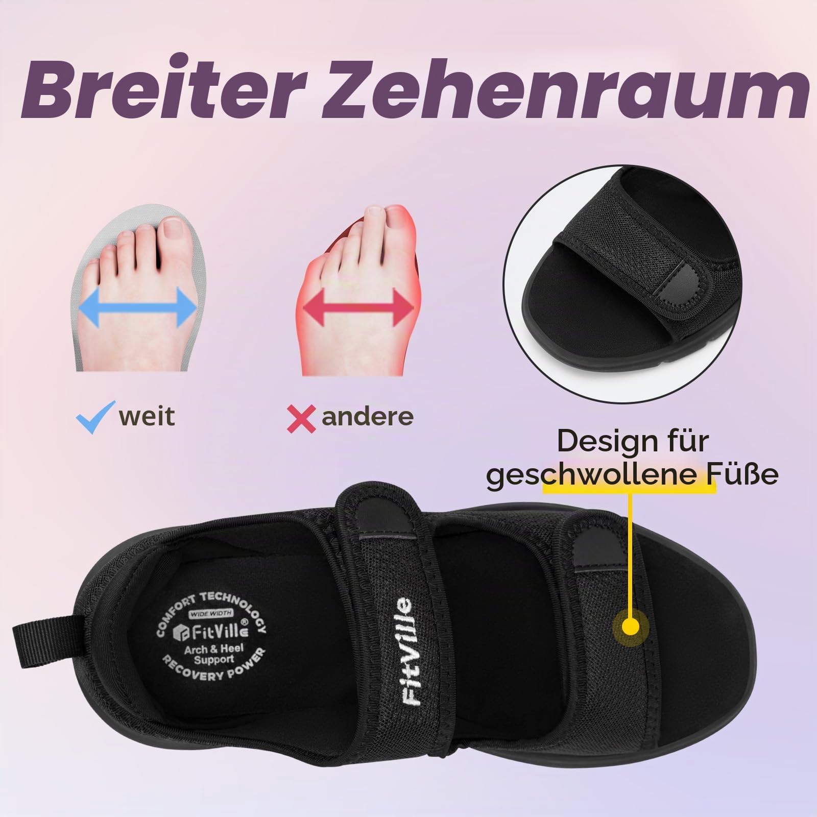 FitVille Weit Offene Diabetiker Sandalen Damen Orthopädische mit Klettverschluss Verstellbare Gesundheitsschuhe Verbandschuhe bei geschwollene Füße Reha-Schuhe Ödeme Hausschuhe