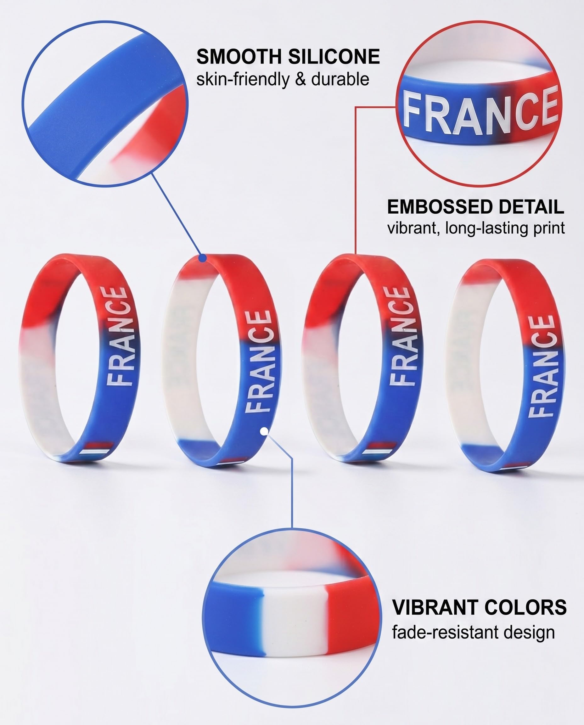 TISCH Bracelet Supporter France Lot de 10 Silicone Élastique Bleu Blanc Rouge CDM 2026. Soutien Équipe de France. Idéal Fans, Public Viewing & Stade. Robuste & Confortable.