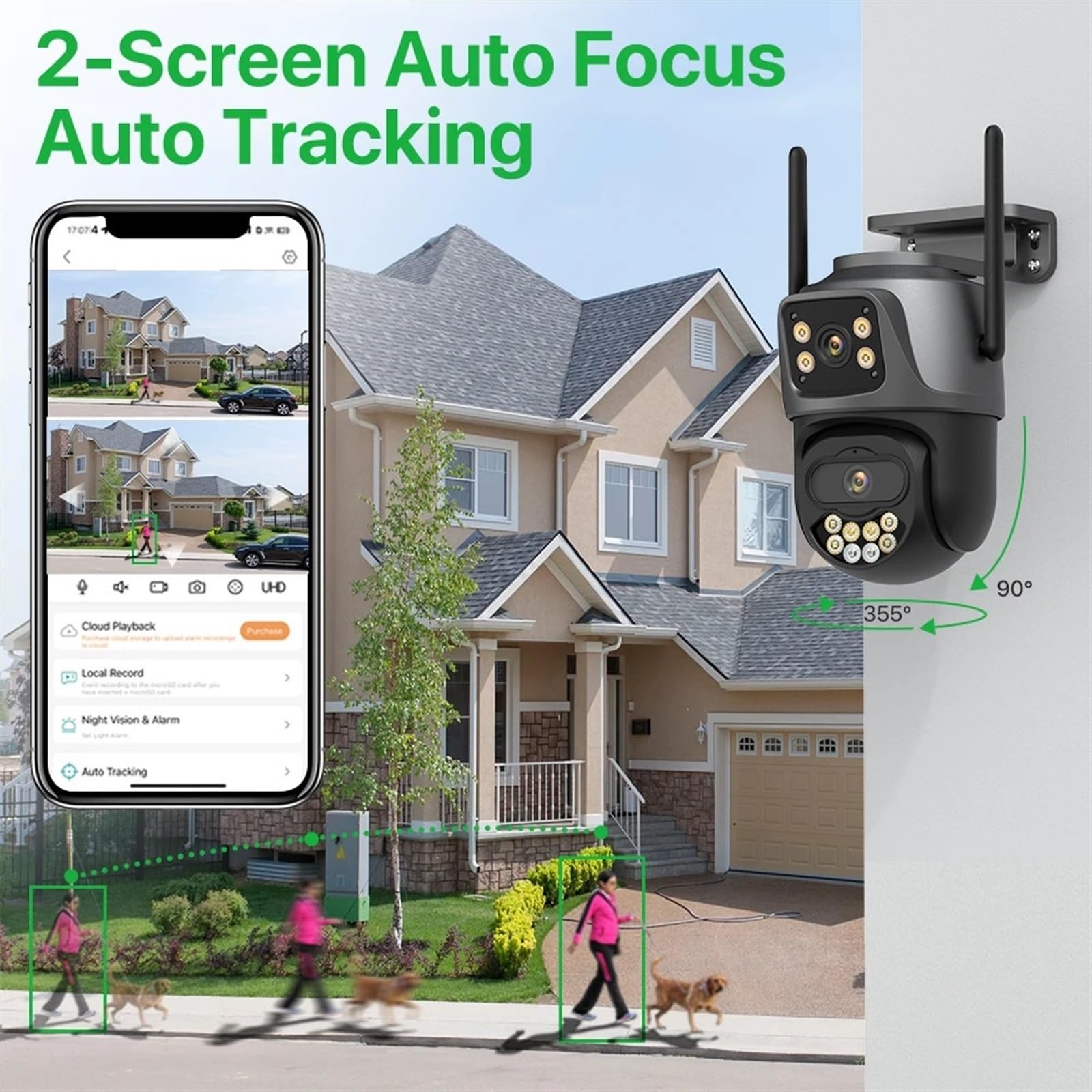 cámara de seguridad gran angular, Cámara PTZ con Wifi de doble lente 4K 8MP HD for exteriores, cámara IP de 4MP, seguimiento automático, protección de seguridad, vigilancia CCTV P2P con diseño de ampl