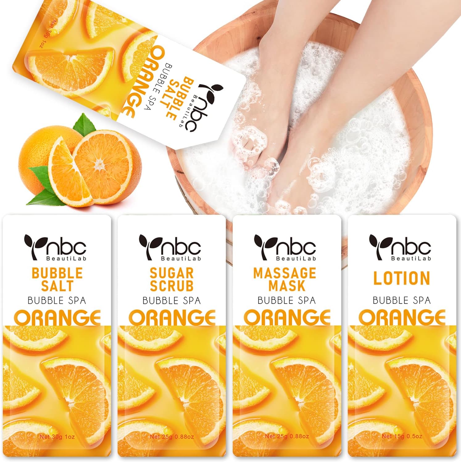 4 in 1 Foot Soak, Foot Callus Remover With Bubble Salt, Sugar Scrub, Massage Mask, Massage Lotion In a Box, 4 Step Foot Spa Kit For Dry Cracked Feet, Softens Calluses, Athletes Foot, Soothes Sore and Tired Feet (1 set orange)