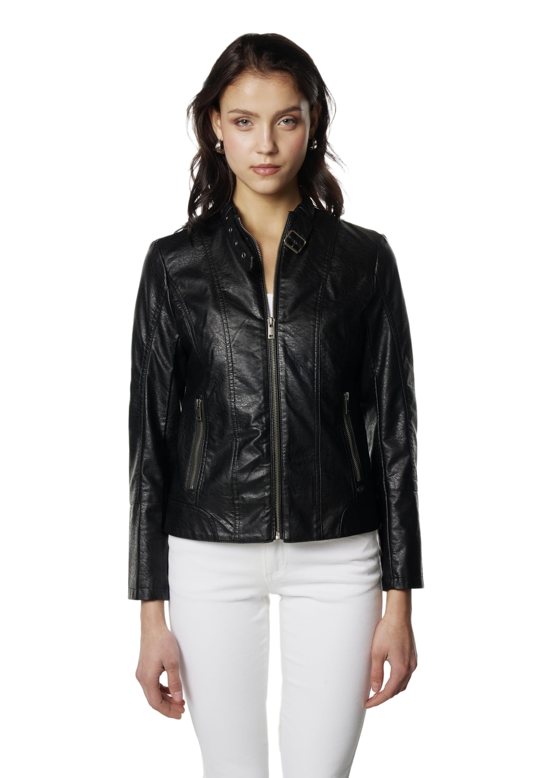 Koroshi Chaqueta cazadora motera efecto piel mujer, de color black, Talla XXL