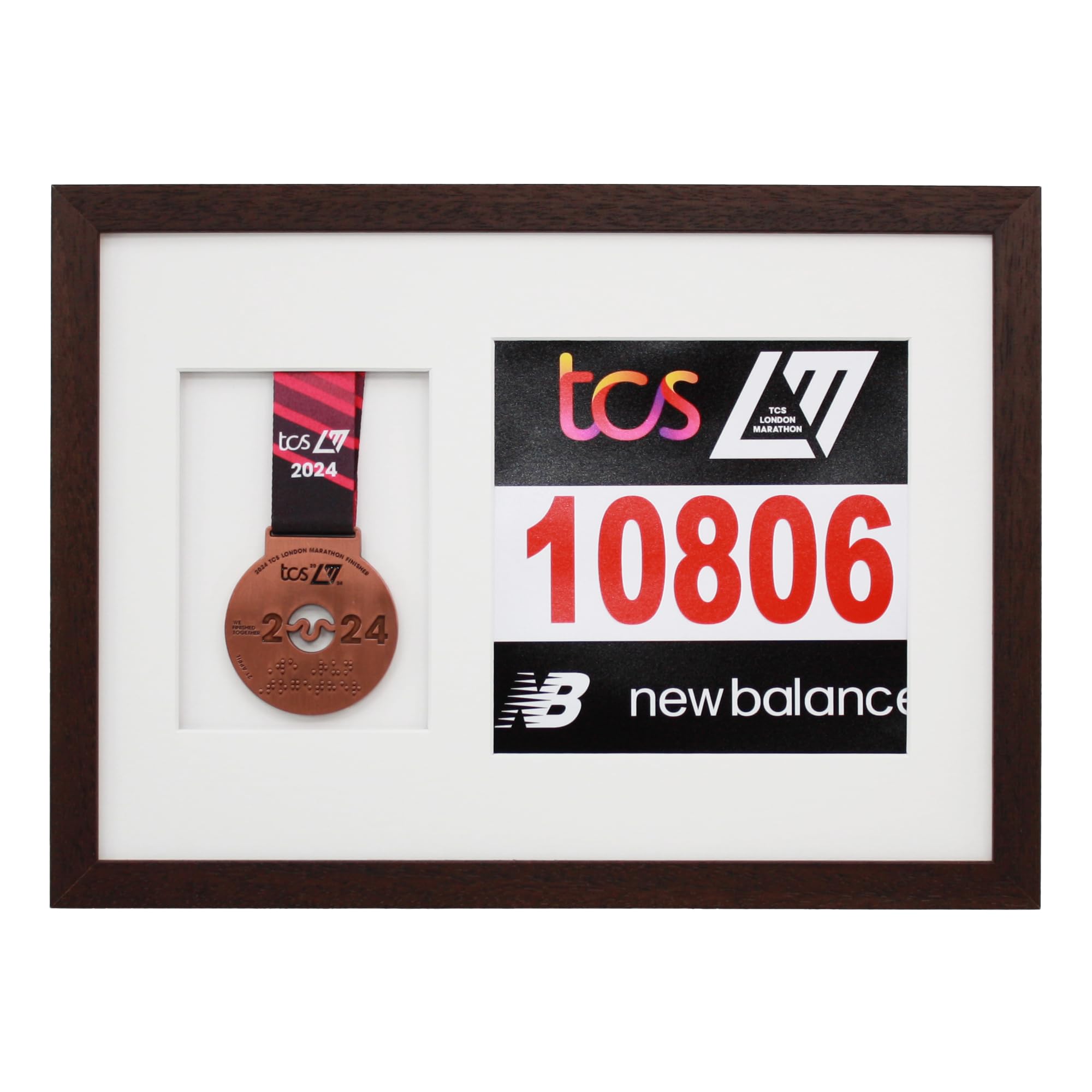Marathon Medal Display Frame. Designed to showcase a running medal and a 20x20cm sized race number (Walnut Frame - White Mount)