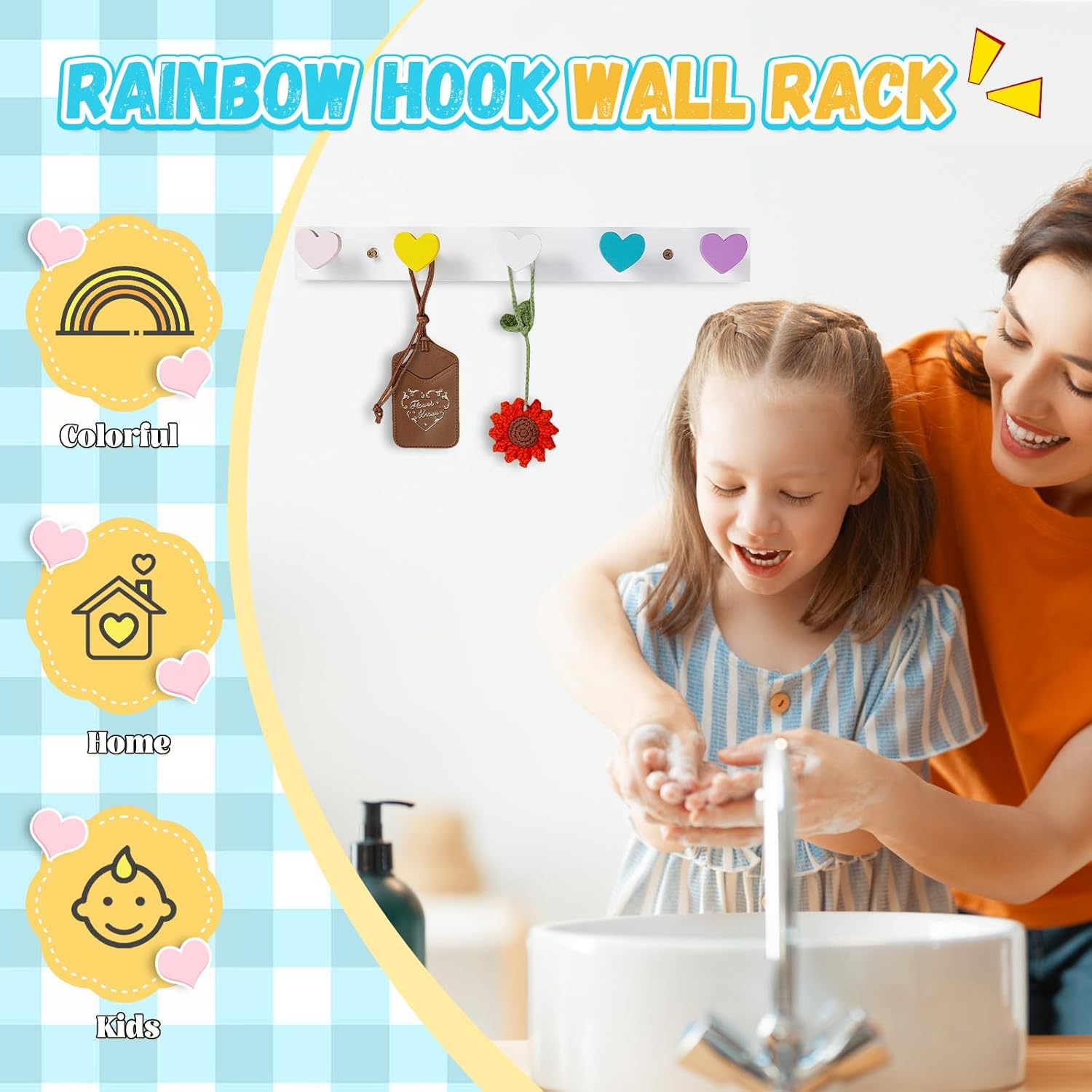 Maitys 2 Pcs Kids Coat Rack Wall Mount Kids Wall Hooks Rainbow Coat Rack Hooks for Boys Girls Toddler Cute Bathroom Decor Colorful Backpack Hanger Supplies for Clothes Hat Towel in Bedroom(Heart)