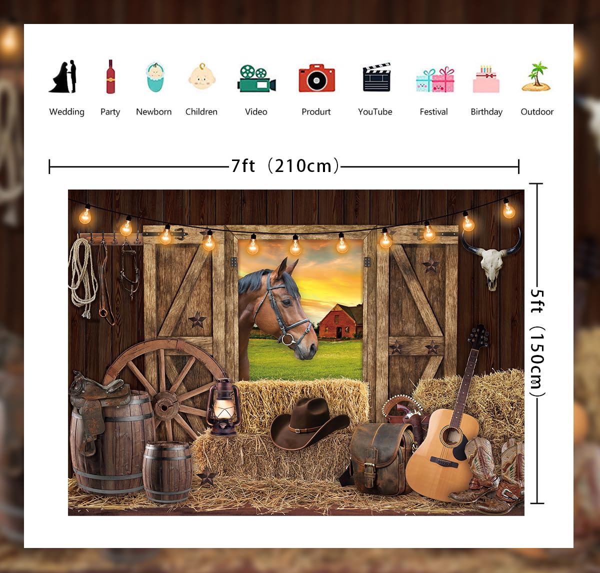 Toile de Fond de Cowboy Occidentale en Bois Rustique pour Enfants et Adultes - Décoration de fête prénatale (210 x 150 cm)