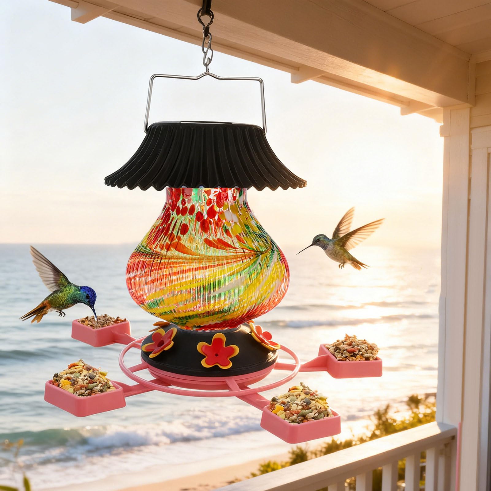 HEEPDD Mangiatoia per colibrì in Vetro con Fotocamera, Mangiatoia per Uccelli Ad Energia Solare con Rilevamento del Movimento per Visione Notturna 1080P, Design Trasparente a Prova di Perdite per