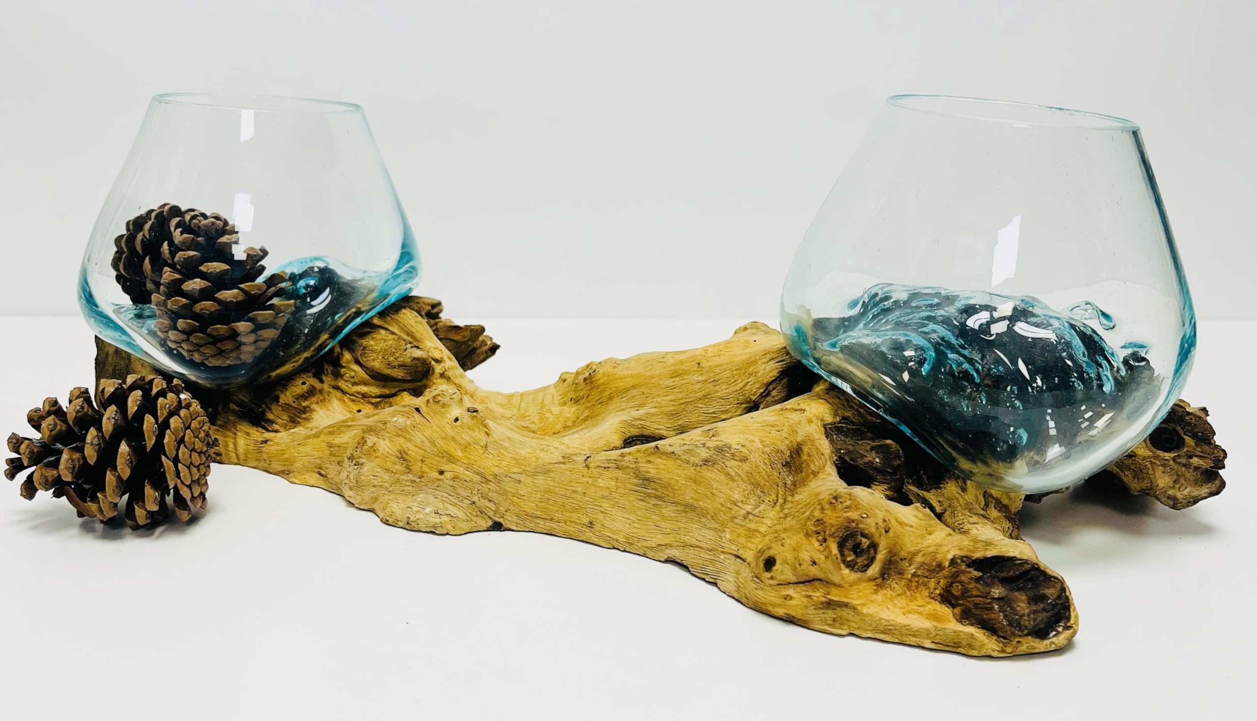 Double Molten Glass Bowls On Wood Root Stand Glass Rustic Decorative Ornament Sculpture Key Sweet Display Dish (Extra Large 41CMS Long)