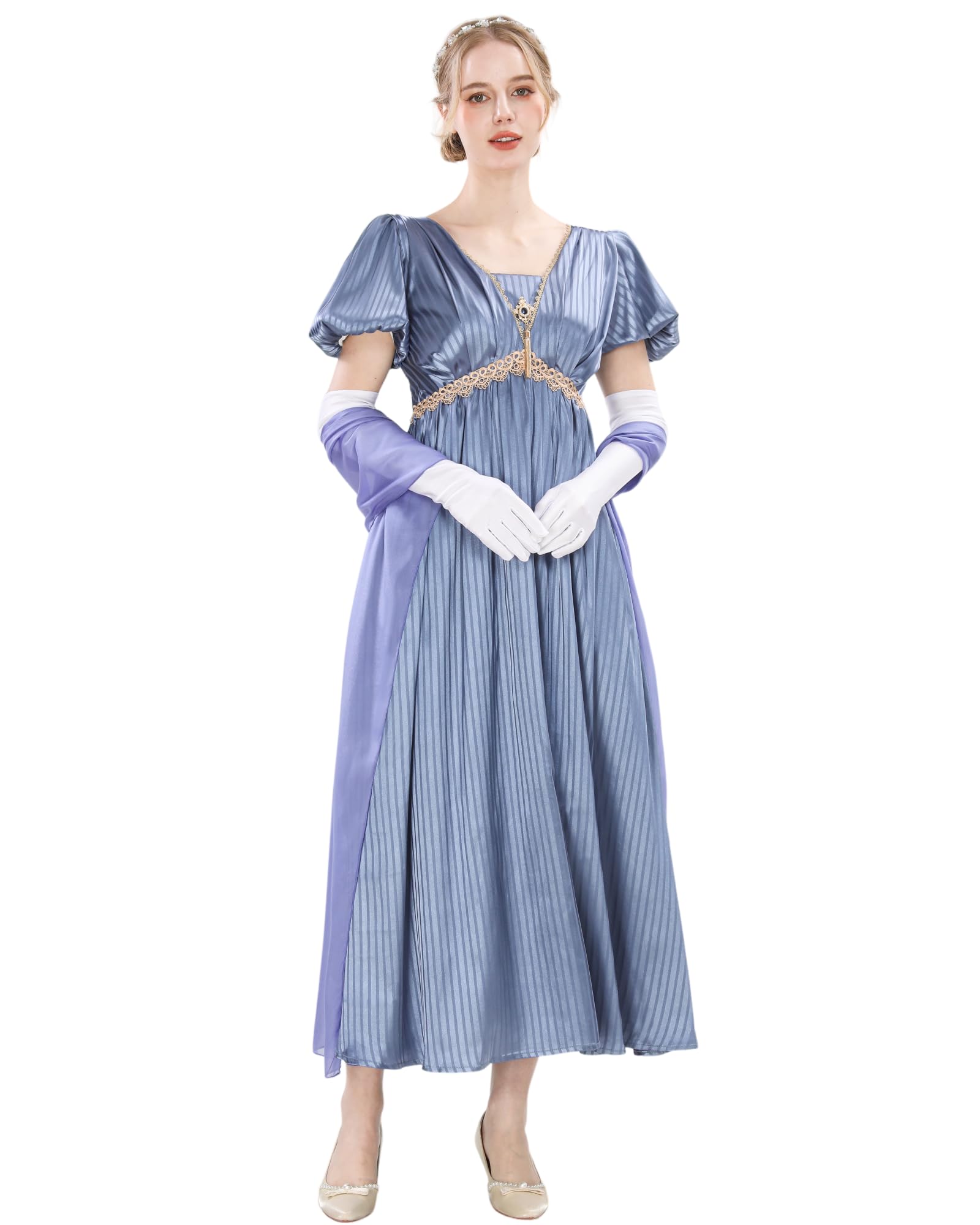 Abito da donna Regency Jane Austen lungo Vintage Abito da ballo vittoriano, con guanti, stile impero