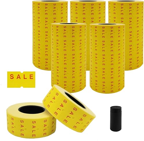 Motex 1 línea 25,000 etiquetas fluorescentes amarillas fluorescentes para pistola de precio y fecha con 1 rollo de tinta, se adapta a pistolas