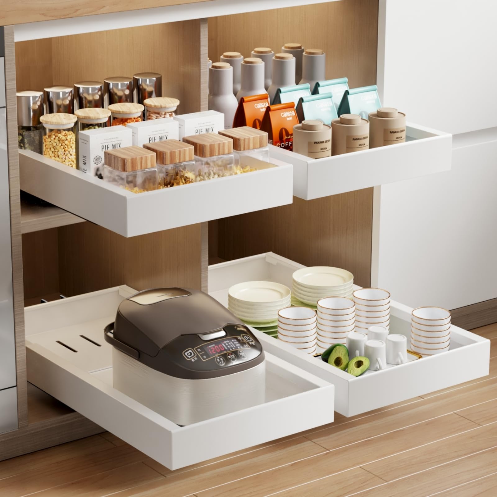 2 Pack Pull Out Cabinet Organizer, 21.8" Deep Slide Out Drawer for Cabinets Adhesive Pull Out Drawers Heavy Duty Pull Out Shelves for Kitchen, Cupboard, Pantry, Bathroom-White