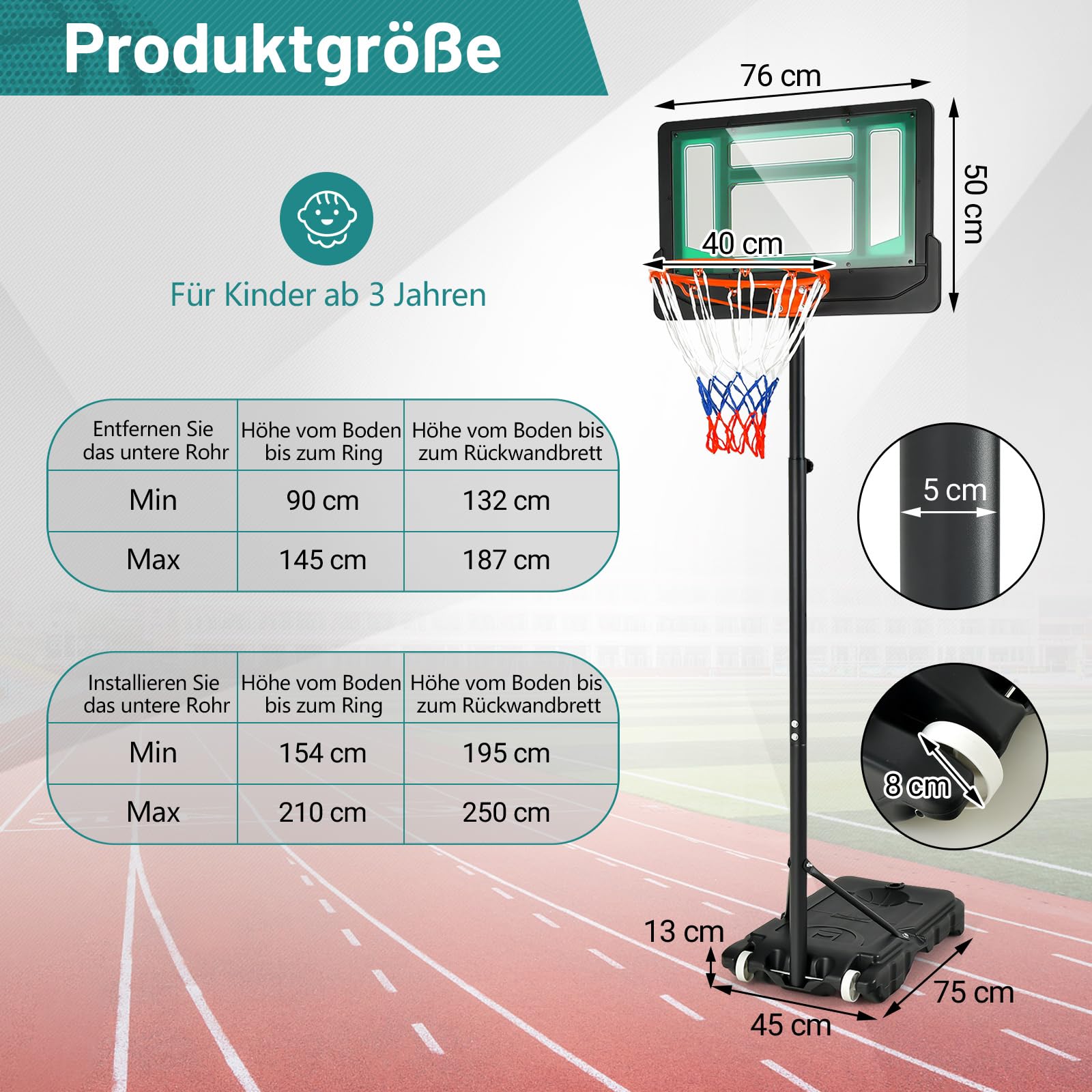 COSTWAY Basketballständer 90-210 cm höhenverstellbar, Basketballkorb mit Ständer & 2 Rädern, Mobile Korbanlage für Kinder, Jugendliche, Basketballanlage wetterbeständig Indoor Outdoor