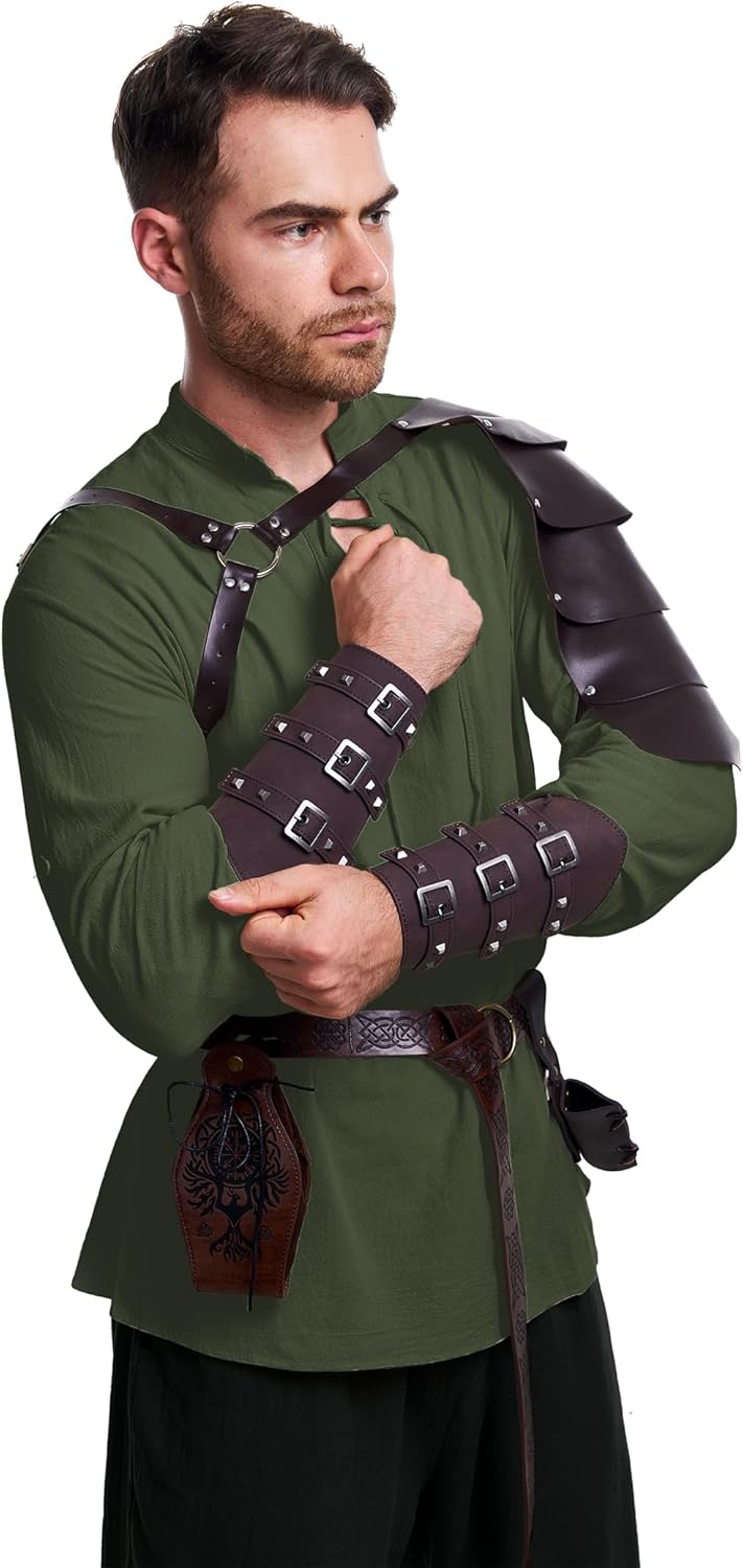 8 Pcs Men's Renaissance Costume Halloween Medieval Pirate Shirt Pant Viking Costume Accessories Set - Image 4