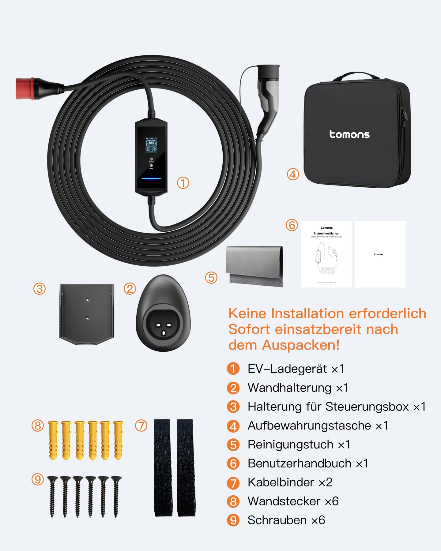 tomons Mobile Wallbox 22 kW z aplikacją, kabel do ładowania typu 2 7 m, 3-fazowy 6-32 A 400 V wtyczka CEE, 2,4" LCD, IP65, regulowana moc ładowania i czas startu, do e Auto ID.3/4/5/7, Model Y/3