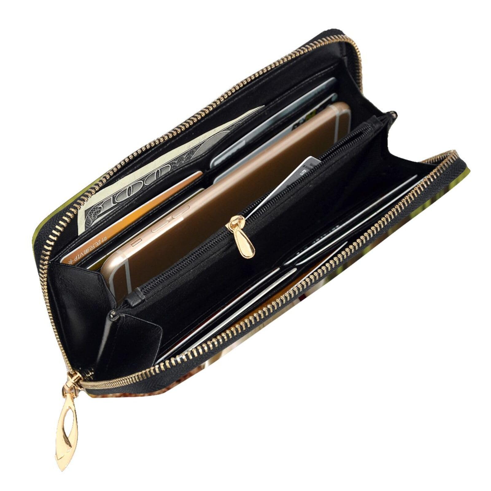 Cartera larga y grande de cuero con cremallera, patrón de esquema de color
