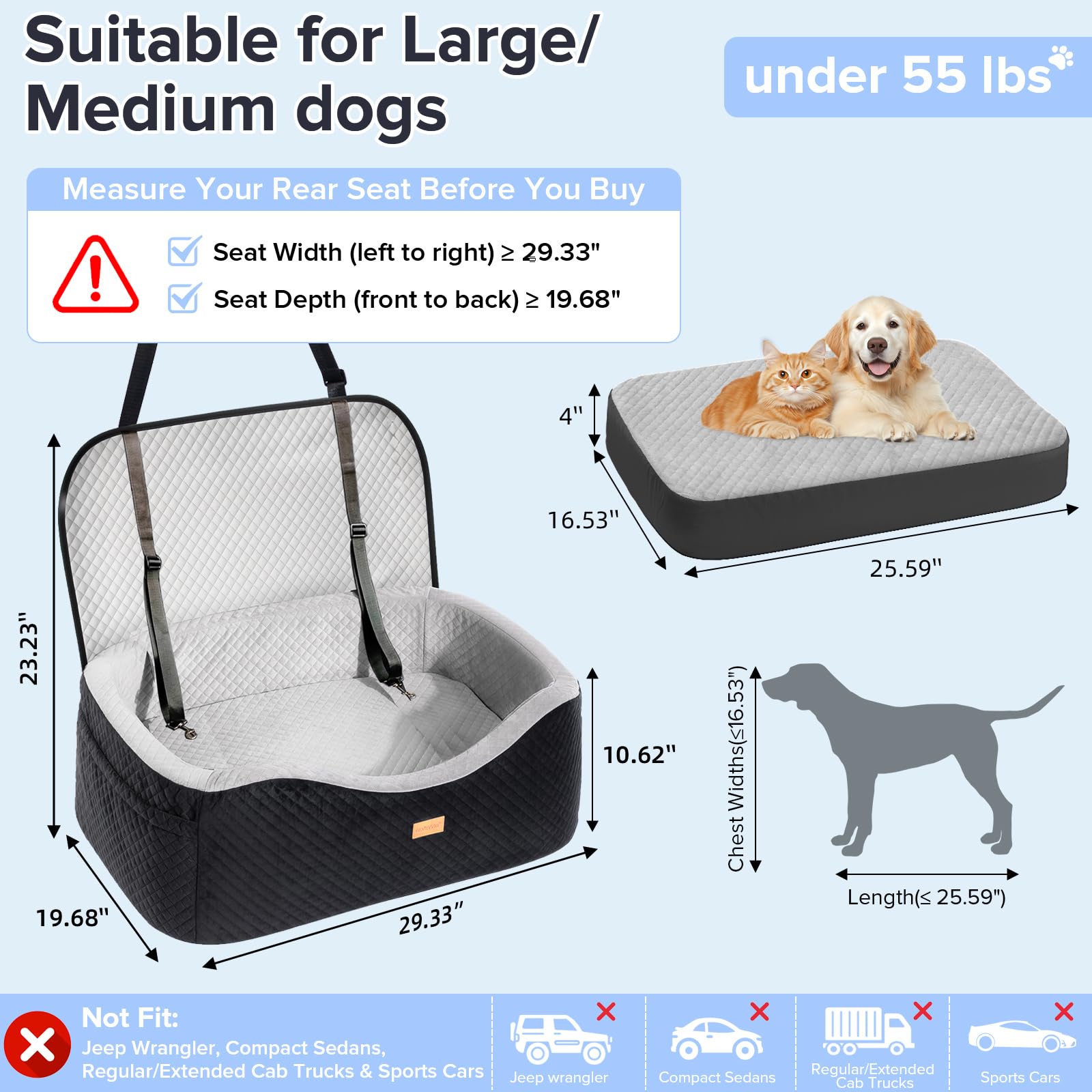 Asiento de coche para perros grandes de hasta 60 libras o 2 perros pequeños con espuma viscoelástica de 4 pulgadas, asiento trasero mediano para mascotas con cinturones de seguridad triples, correas