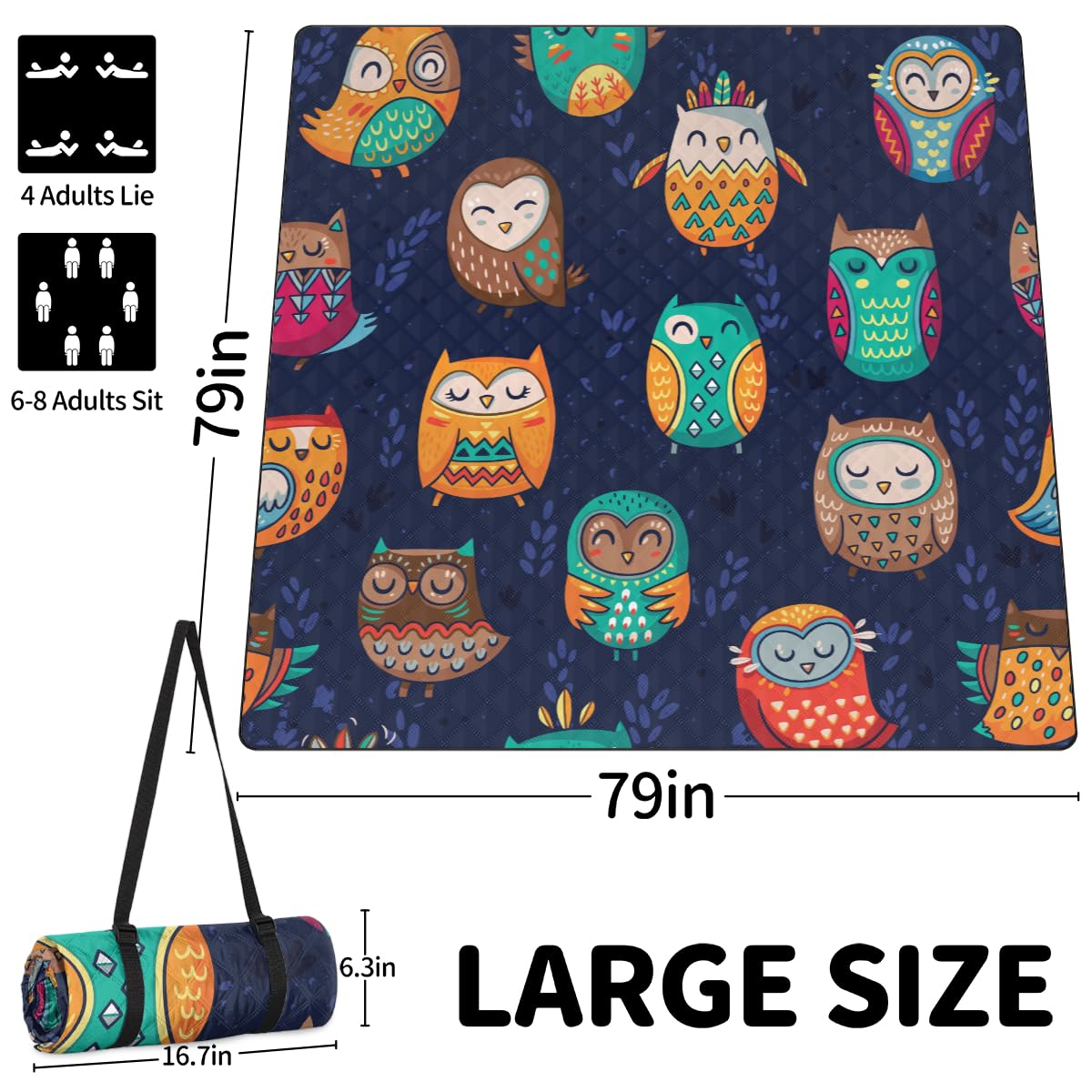 Shimoshe Extra Large Picnic Blankets 79”x 79”, Indian Ethnic Tribe Animal Owl Waterproof Foldable Picnic Mat with Straps Portable Beach Blanket for Camping Park Grass Beach Indoor