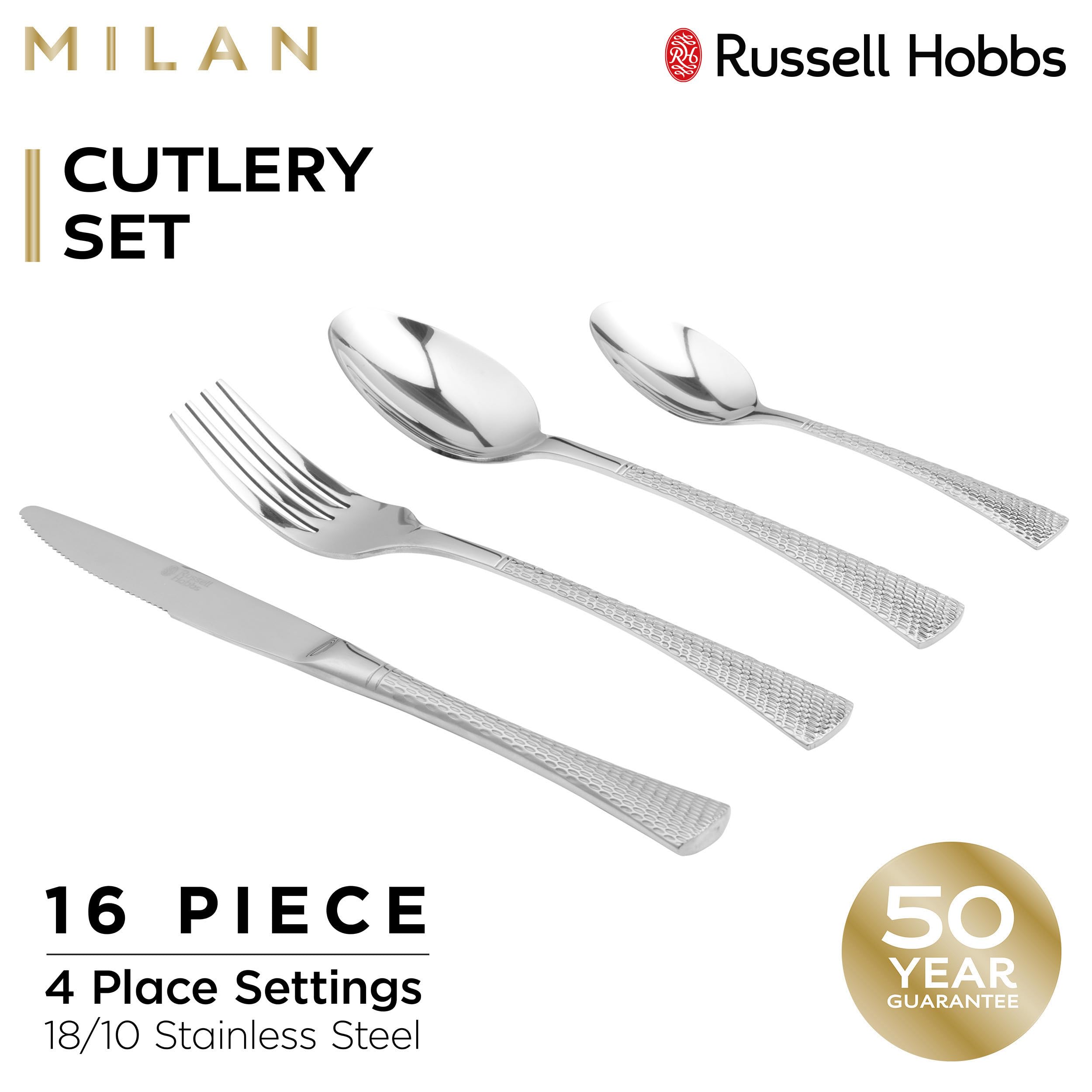 Russell Hobbs Combo-7571 Milan Ménagère 32 pièces en acier inoxydable 18/10 pour 8 personnes Design unique avec couteaux, fourchettes, cuillères à dessert et cuillères à café