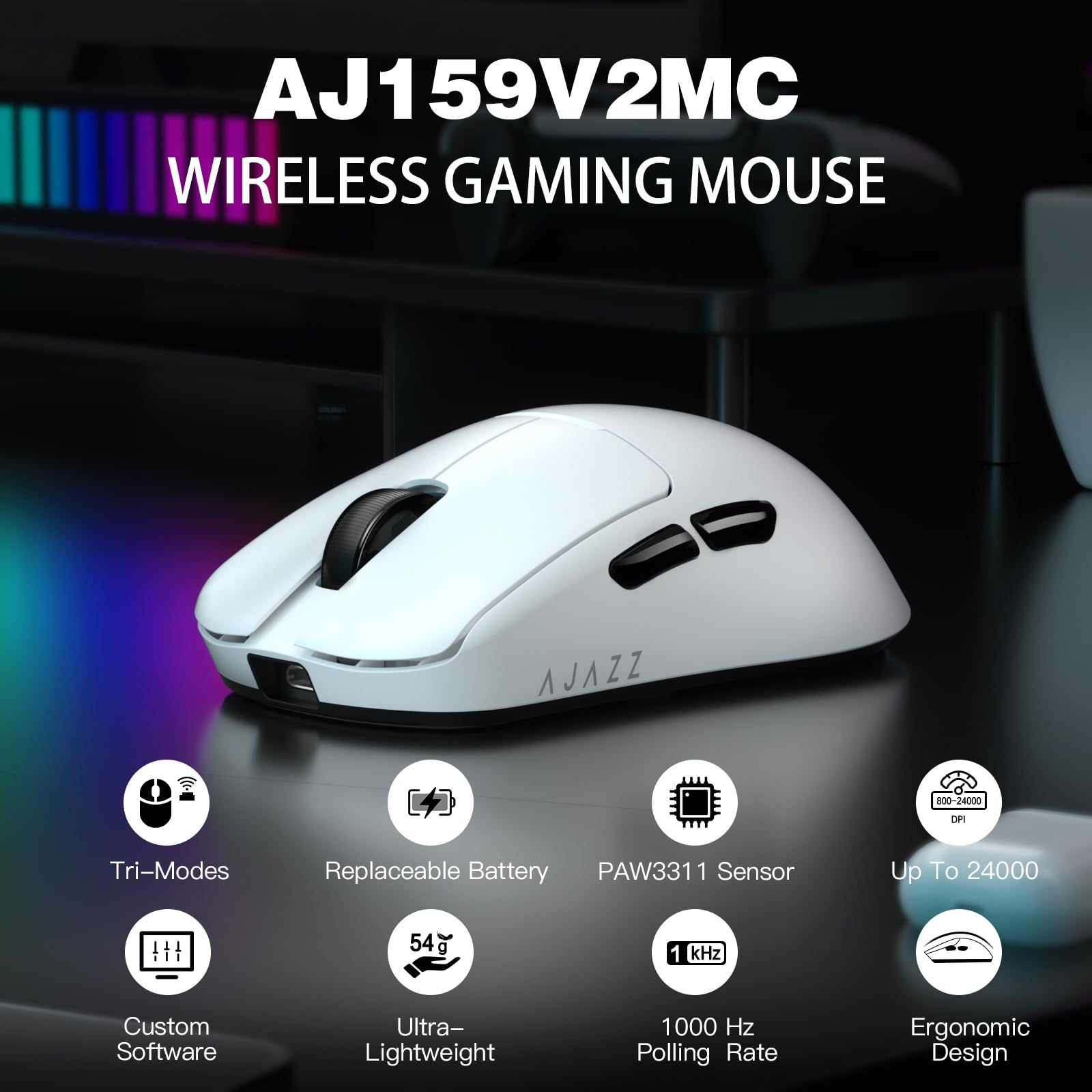 A.JAZZ AJ159V2MC Bezprzewodowa Mysz Gamingowa, Tryb Potrójny BT/2.4G/Przewodowy USB-C, Sensor Optyczny PixArt 3311 24,000DPI, Ultralekka 54g, Z Wymienną Baterią–Do PC/Mac/Laptopa–Biała