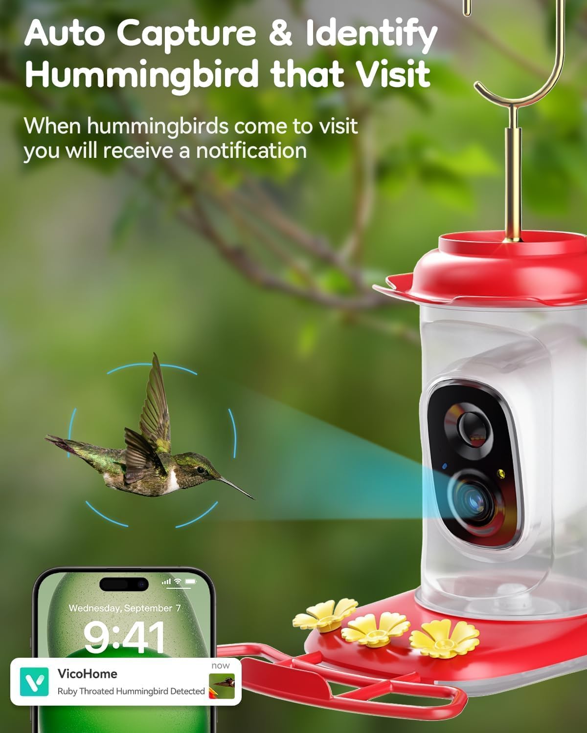 LongPlus Solar Hummingbird Feeder with Camera, 2K Live View Smart Humming Bird Feeder, AI Identify, Ant Guard & Moat, Bee Proof, 3 Feeding Ports, Outdoor Hanging Bird Feeder Ideal Gift for Bird Lovers