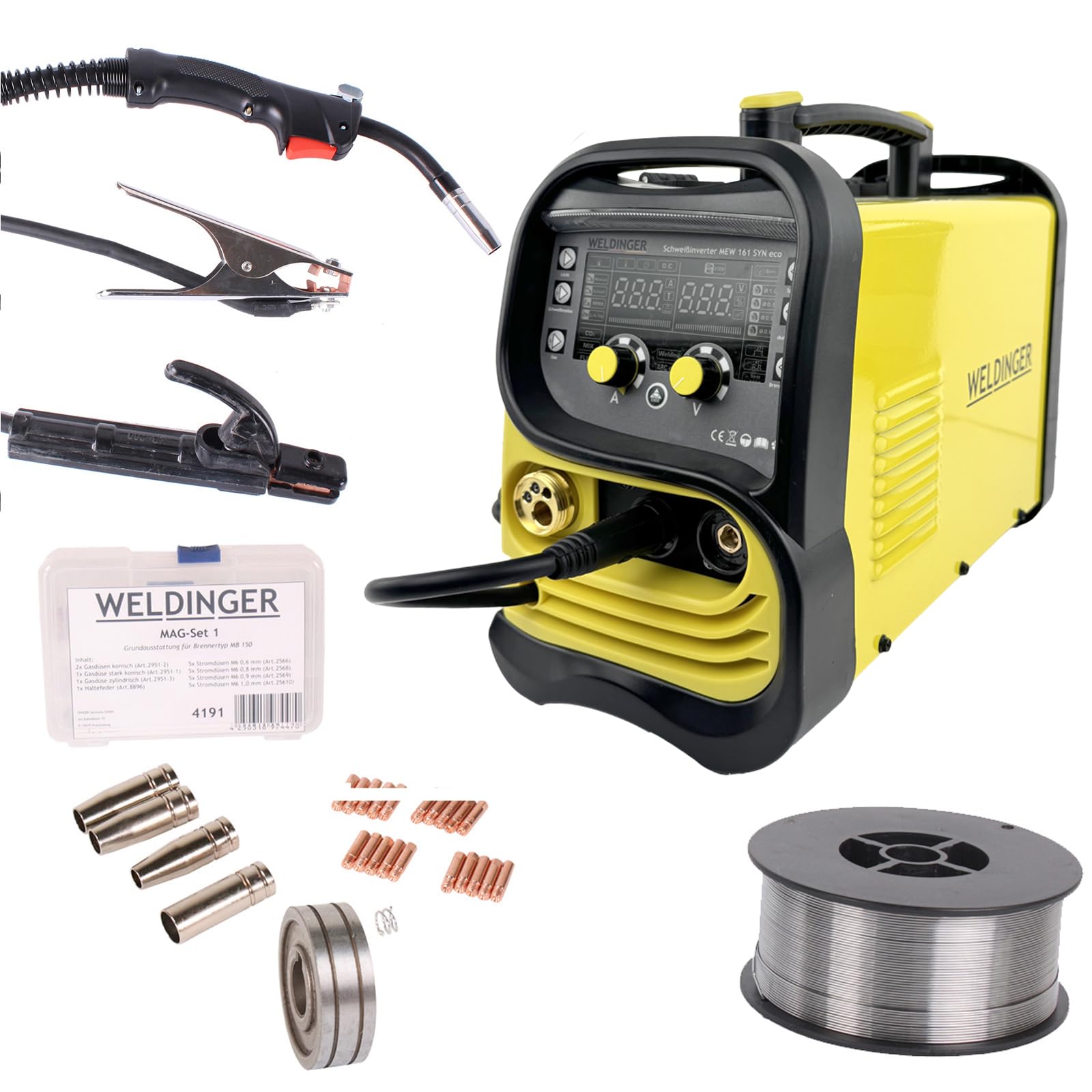 Aktion WELDINGER MIG/MAG-Schweißinverter MEW 161 SYN eco + MAG-Set 1 + Fülldraht 0,8 mm/1kg