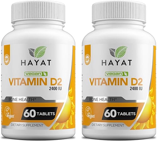 HAYAT Vitaminas Veganas Vitamina D 2400 IU, D2, Certificado Halal (paquete de 2)