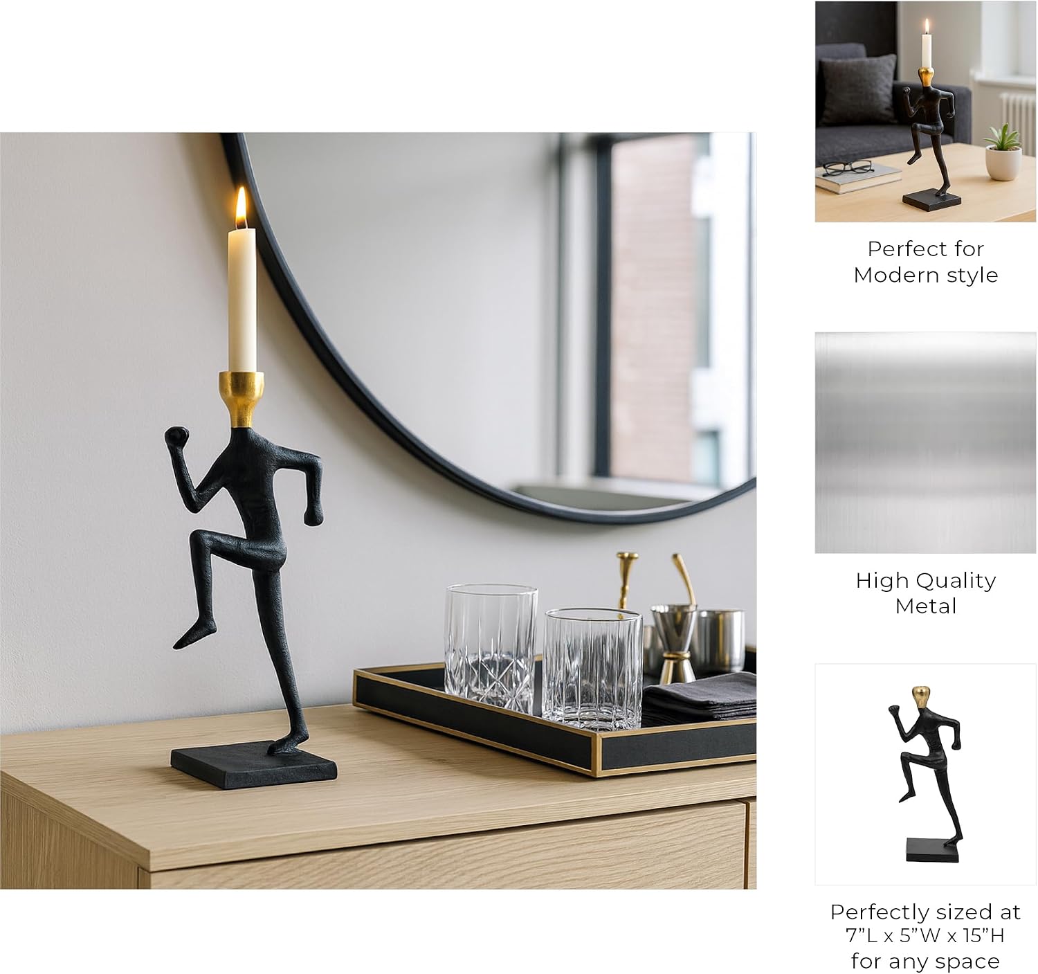 Decorative Running Man Candle Holder - Modern Taper Candlestick Holder for Coffee Table, Table Centerpieces, or Home Decor - Perfect Candle Stand Holder for Shelf Decor - 15" Gold & Black