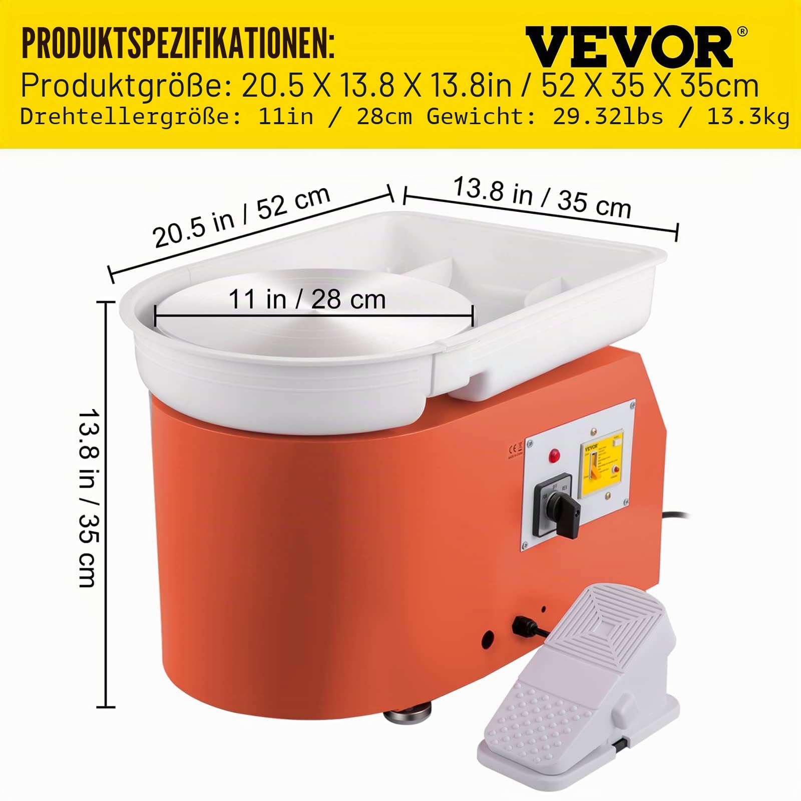 VEVOR Elektrisches Töpferrad, verbessert, Töpferturm, 350 W, 25 cm, LCD-Touchscreen, Töpfermaschine, Keramik, DIY, doppelte Steuerung mit Pedal, Maschine, Ton, abnehmbarer Becken, Grau