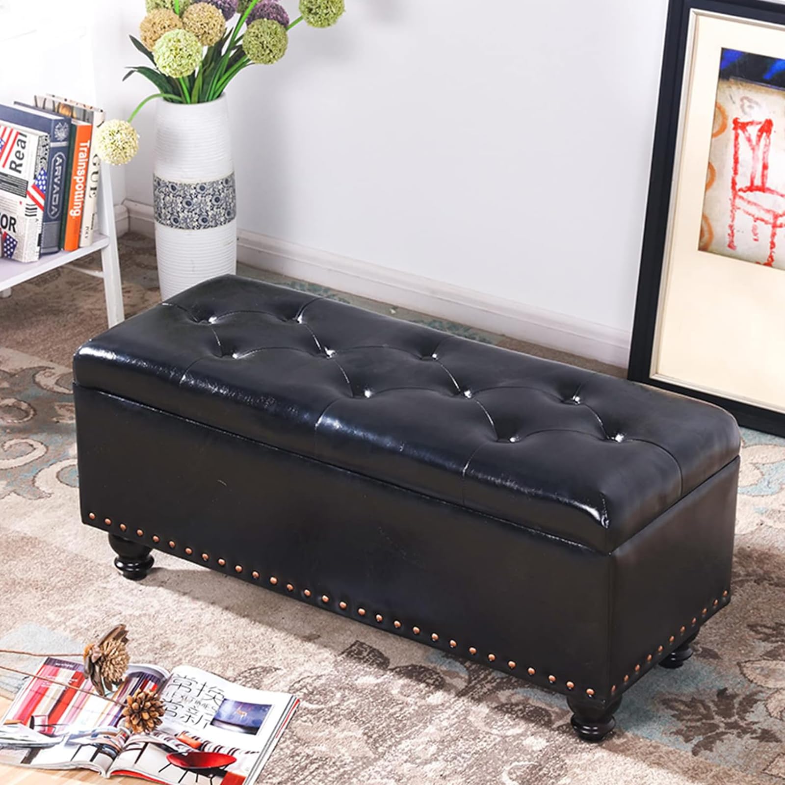 Puf Arcón Contenedor con Revestimiento De Piel Sintética, Reposapiés para Dormitorio, Banco, Taburete De Salón O Sofá con Estructura Y Patas De Madera,Negro,150 * 40 * 45cm