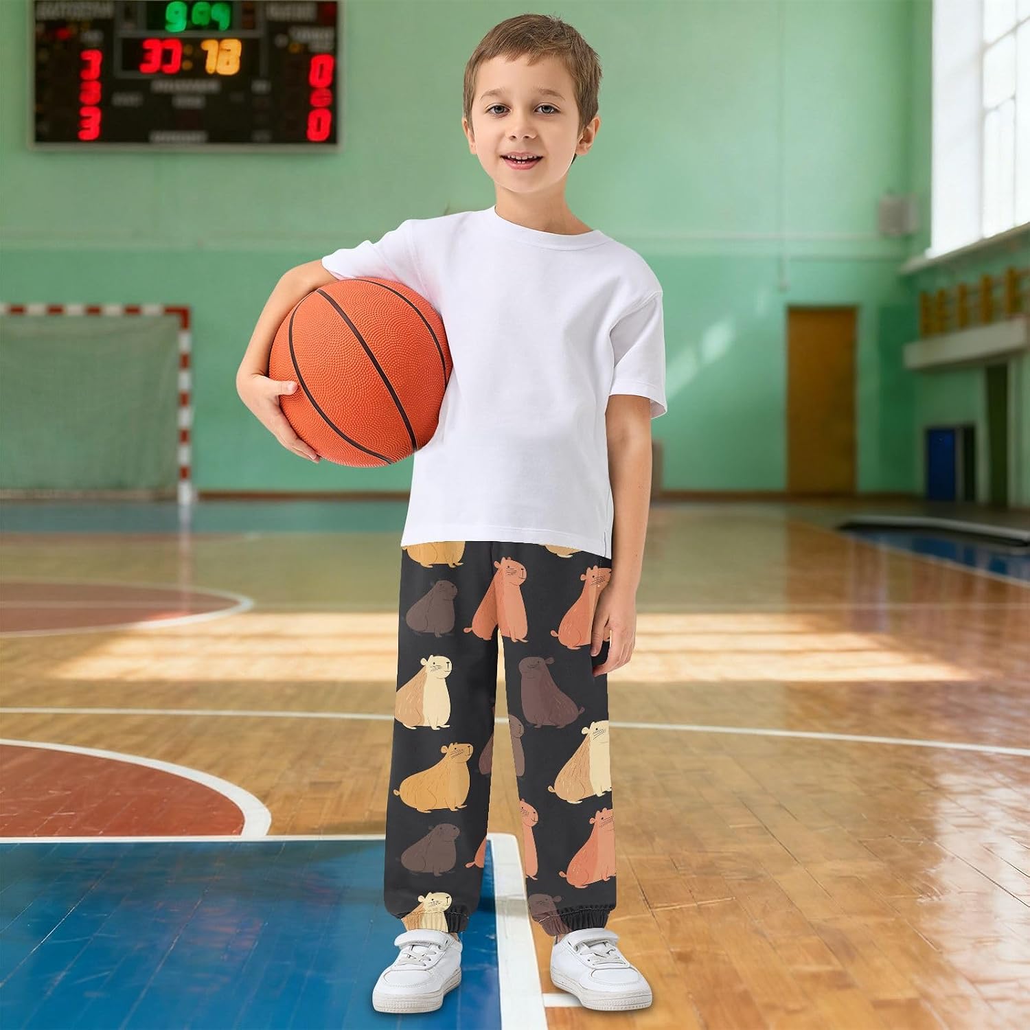 Boy Sweatpants Capybara Cartoon Animals Joggers Casual Athletic Pants Kids Elastic Waist Cuffed with Pockets