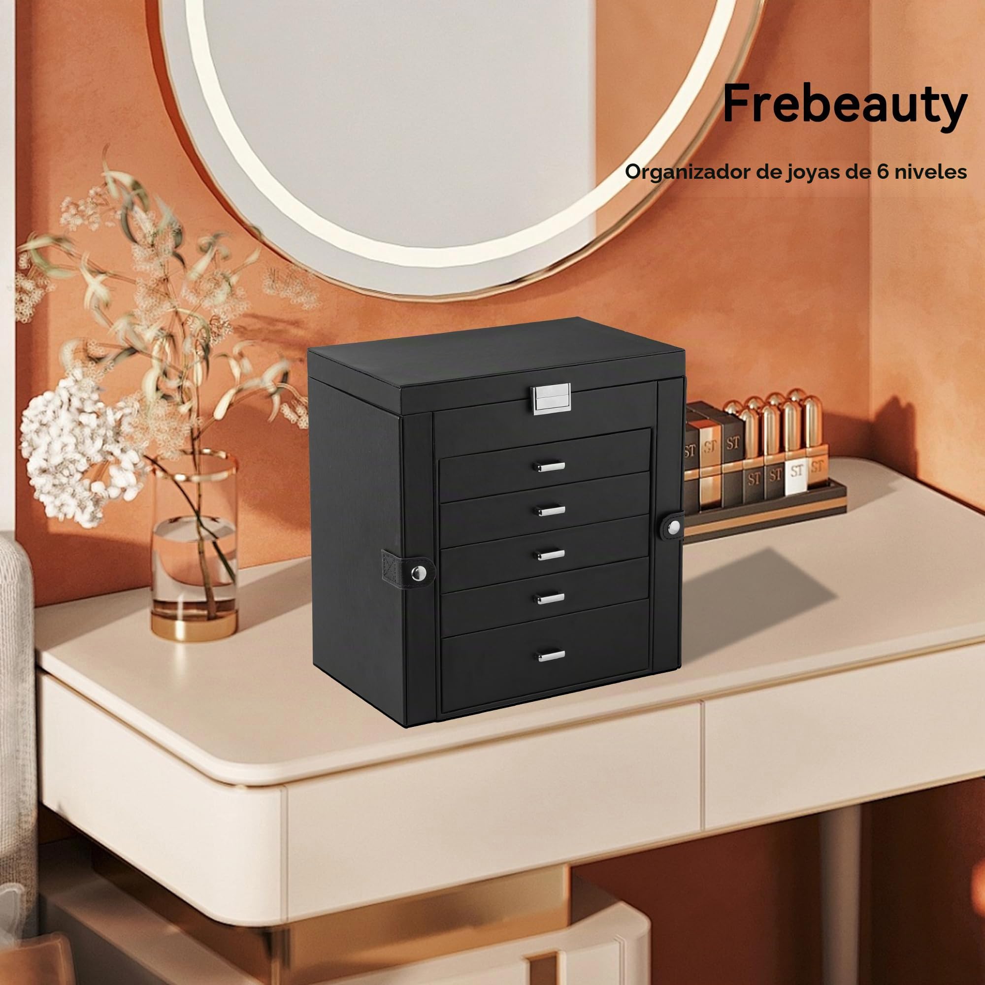 Frebeauty Caja de joyería grande, organizador de joyas de cuero sintético de 6 niveles con cerradura, funda de almacenamiento multifuncional con espejo, soporte de accesorios(Negro)