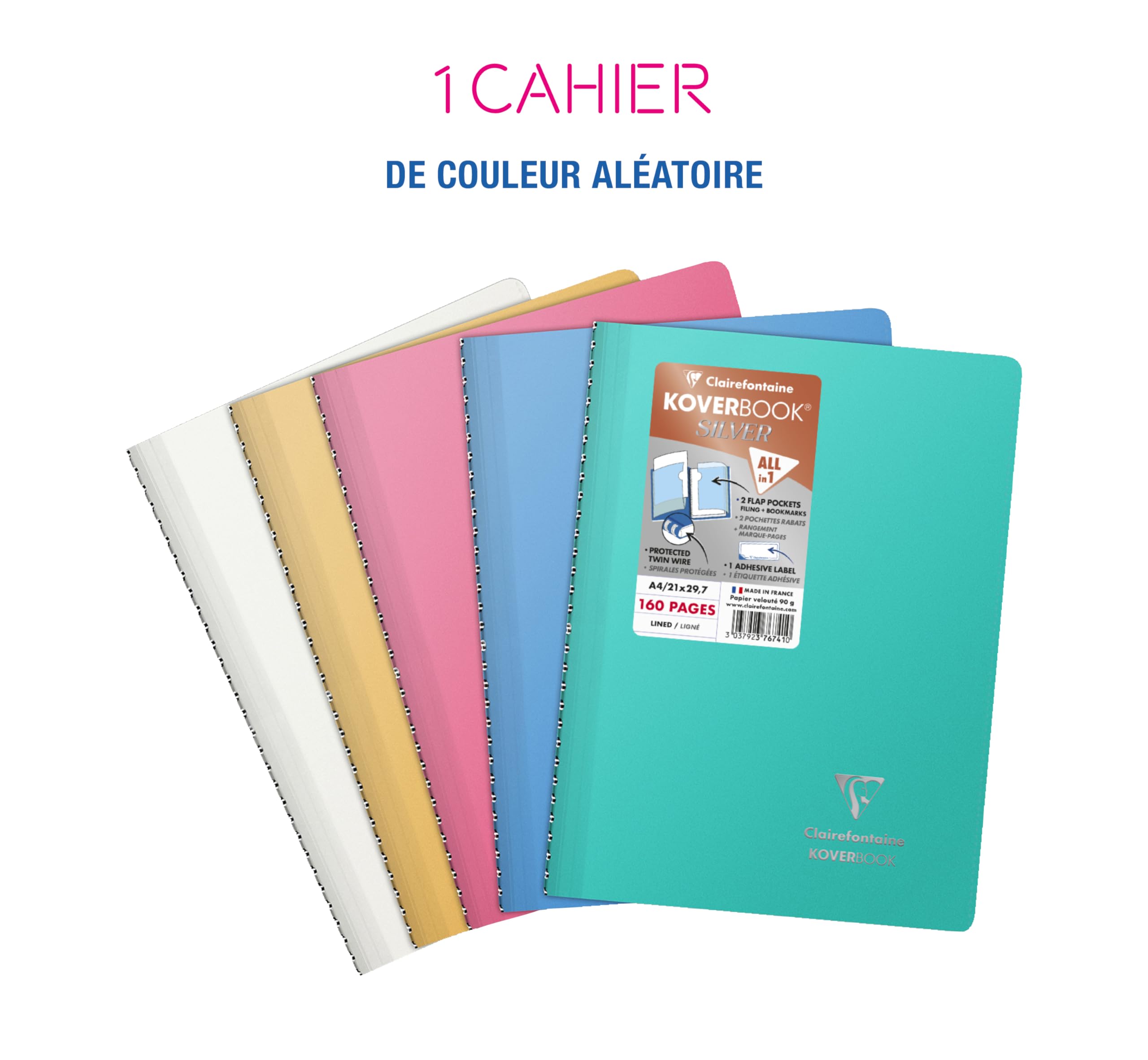 Clairefontaine Koverbook Silver Cahier à Spirale A4 21x29,7 cm 160 Pages Lignées Papier 90 g Couverture Polypro Opaque