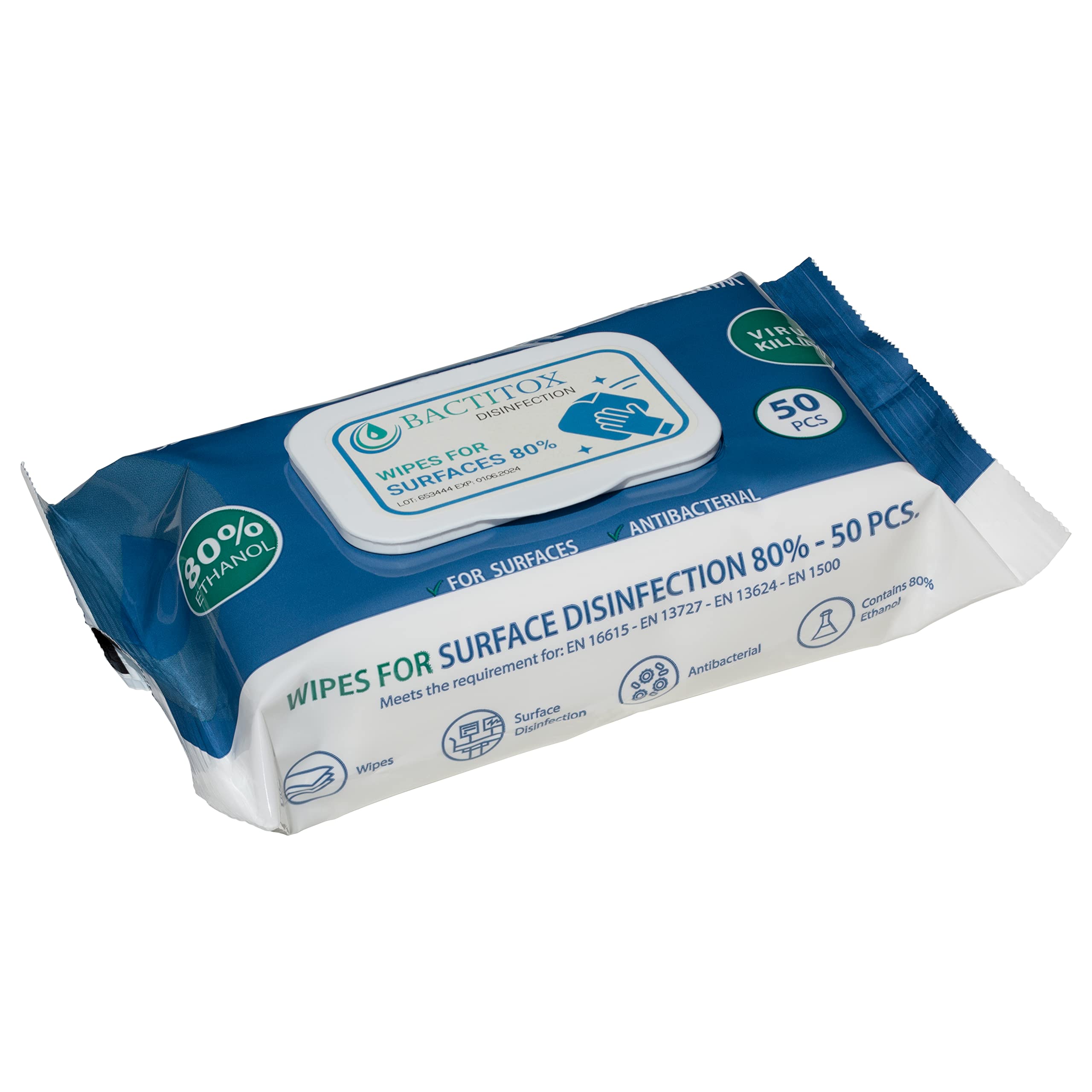 50 Antibacterial Alcohol Wipes - 80% Ethanol - Fast Acting Surface Disinfectant - (1 Pack)
