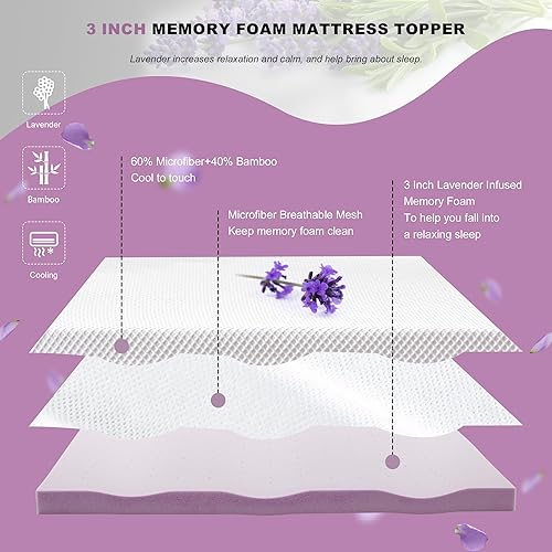 Miniatura 4 de GRT Cubrecolchón de espuma viscoelástica de 3 pulgadas, tamaño individual, cubrecolchón refrescante con rayón extraíble de bambú, suave y
